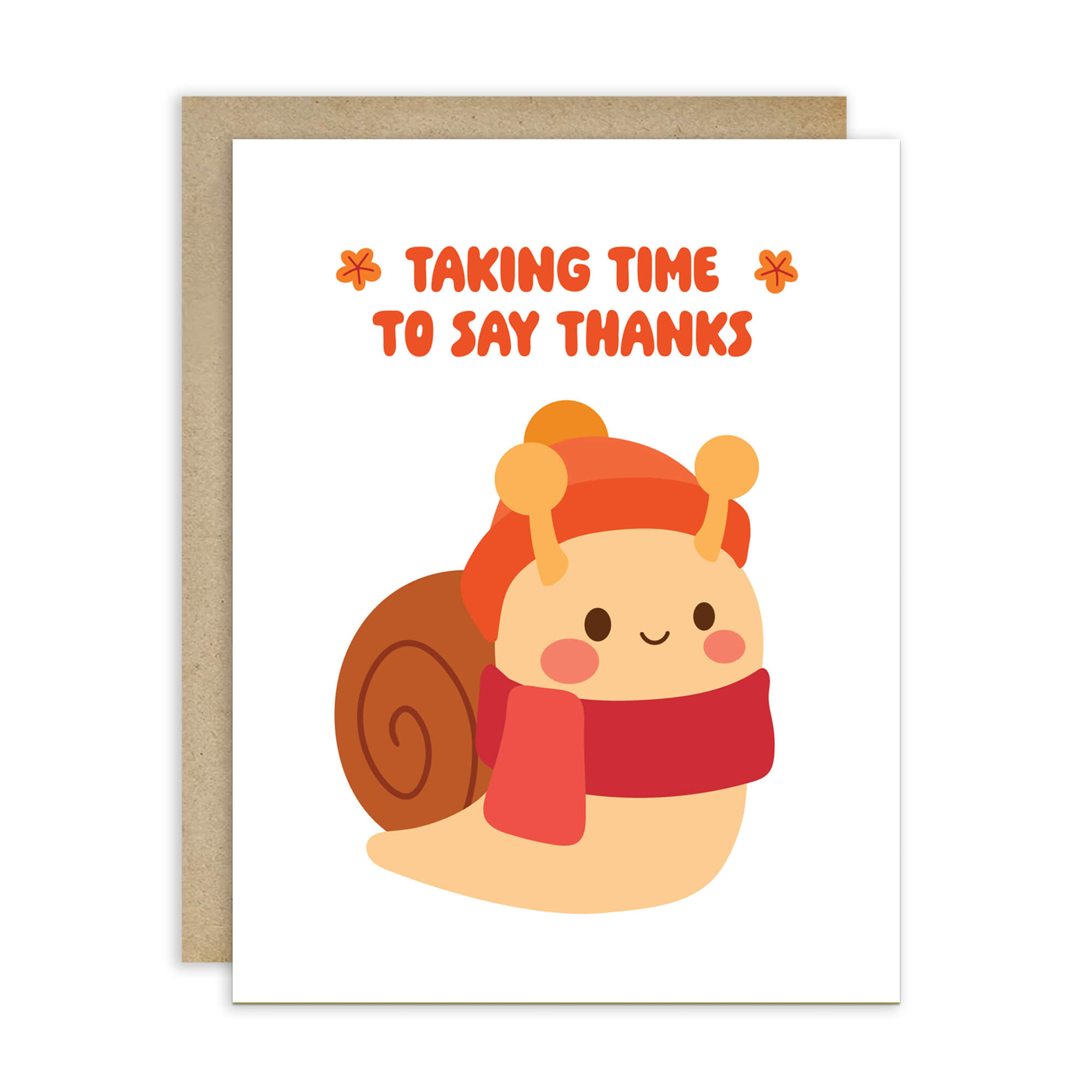 FALL Greeting card with a cartoon snail wearing a red scarf and text 'Taking time to say thanks' on a white background.