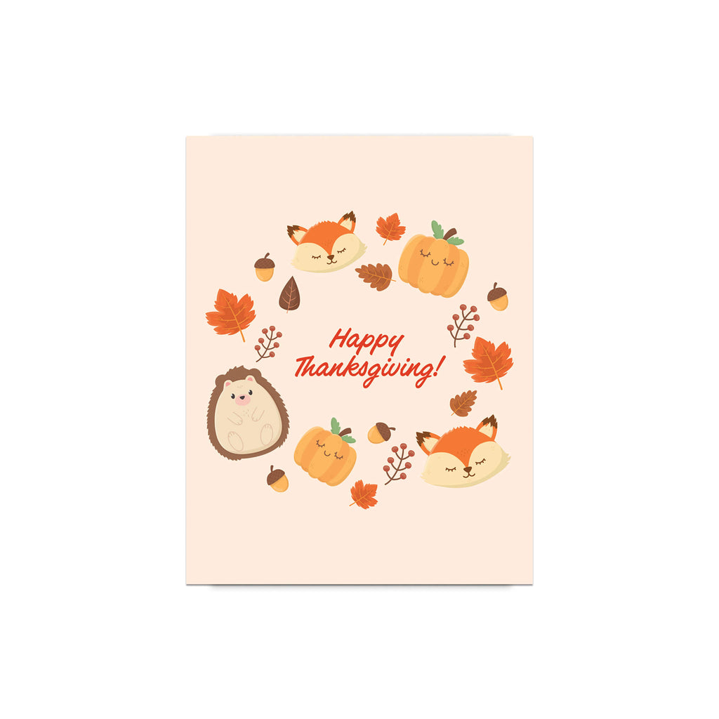 fall Card with cartoon animals and autumn elements on a light pink background