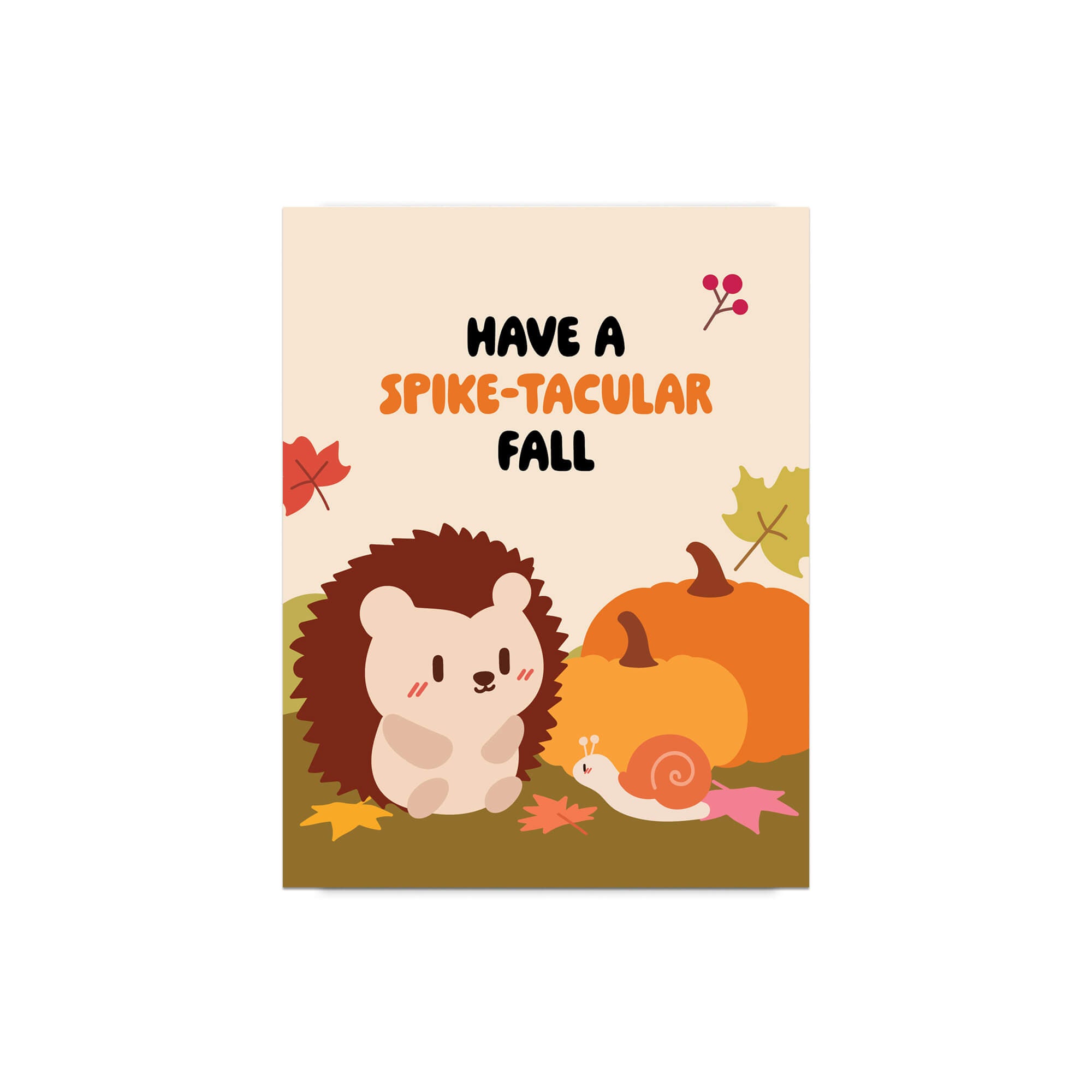 fall Card with hedgehog, pumpkin, and snail illustration and 'Have a Spike-tacular Fall' text.