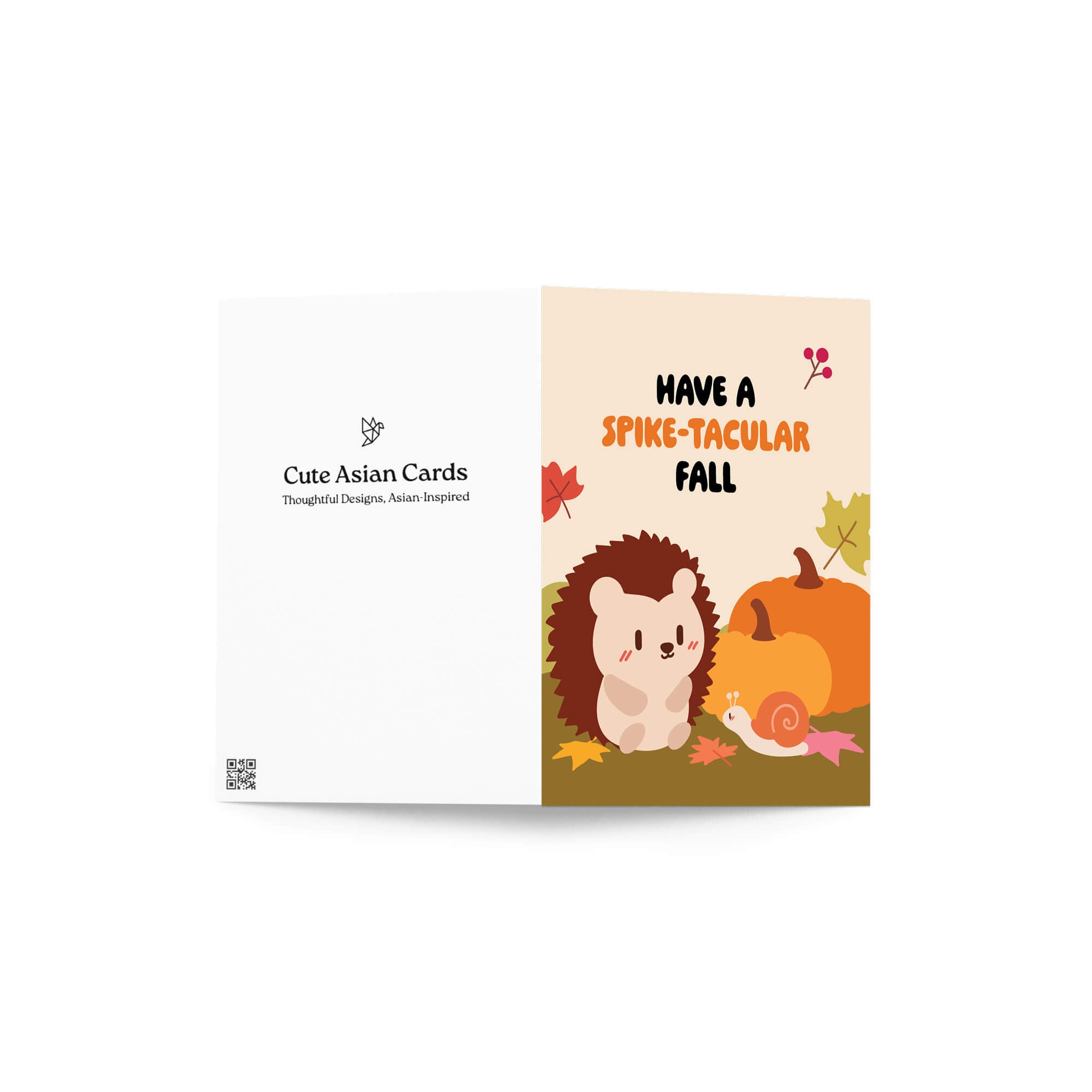 autumn greeting Card with a hedgehog, pumpkin, and text 'Have a Spike-tacular Fall' on a white background.