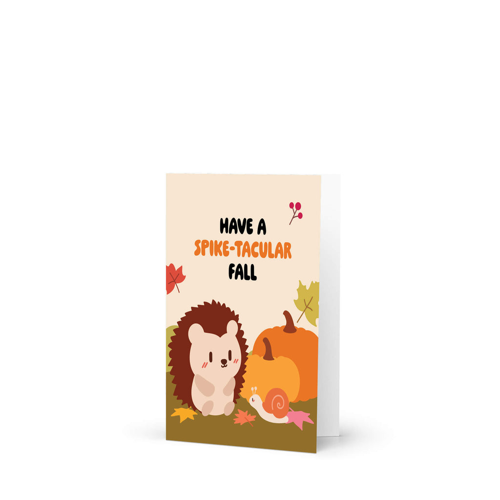 fall Greeting card with hedgehog, pumpkin, and snail illustration on a beige background