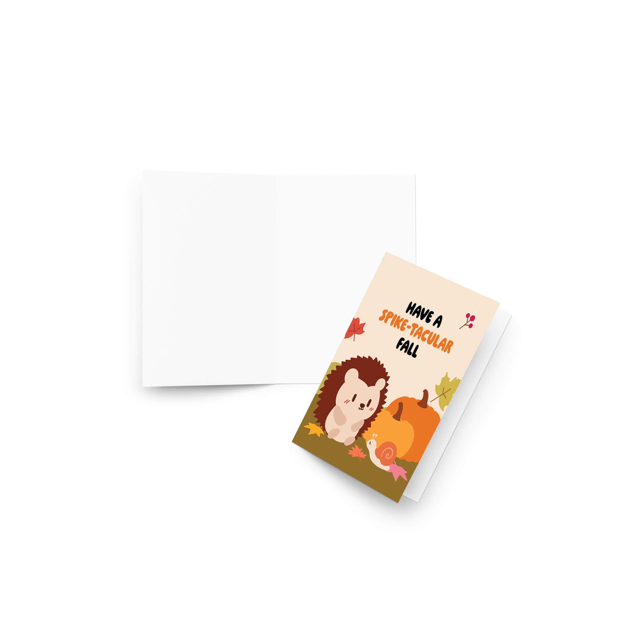 autumn Greeting card with hedgehog illustration and text 'Have a spic-e-clar fall' on a white background