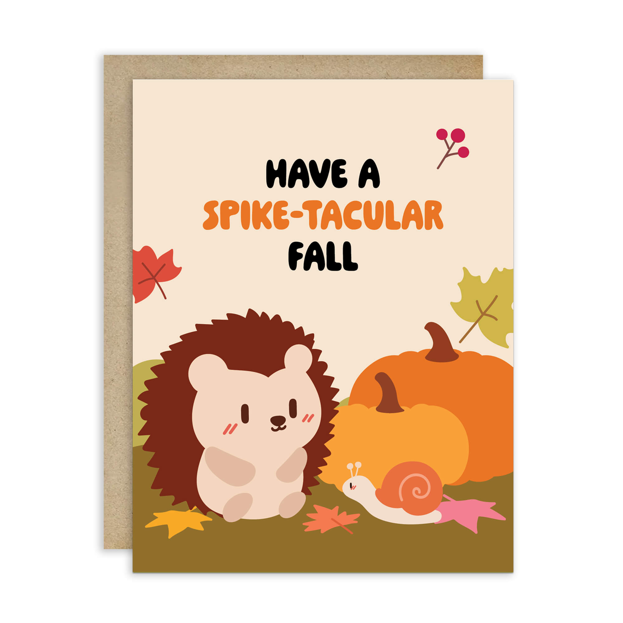 Greeting card with a hedgehog, pumpkins, and snail on a beige background