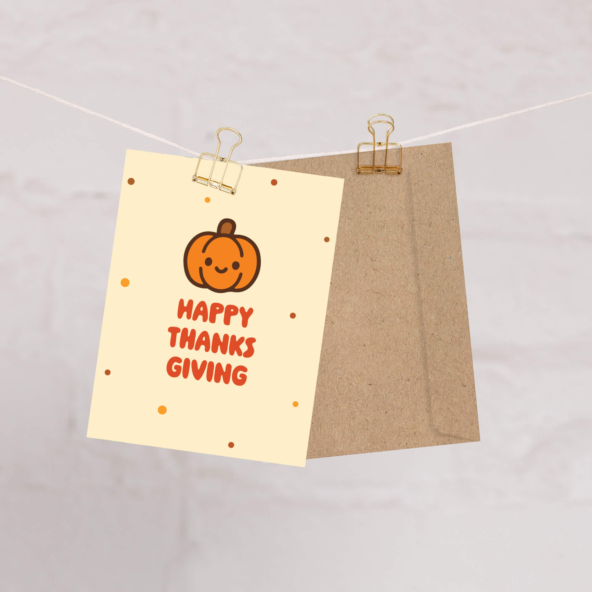 Card with a pumpkin and 'Happy Thanksgiving' text on beige paper, attached to a brown envelope with gold clips.