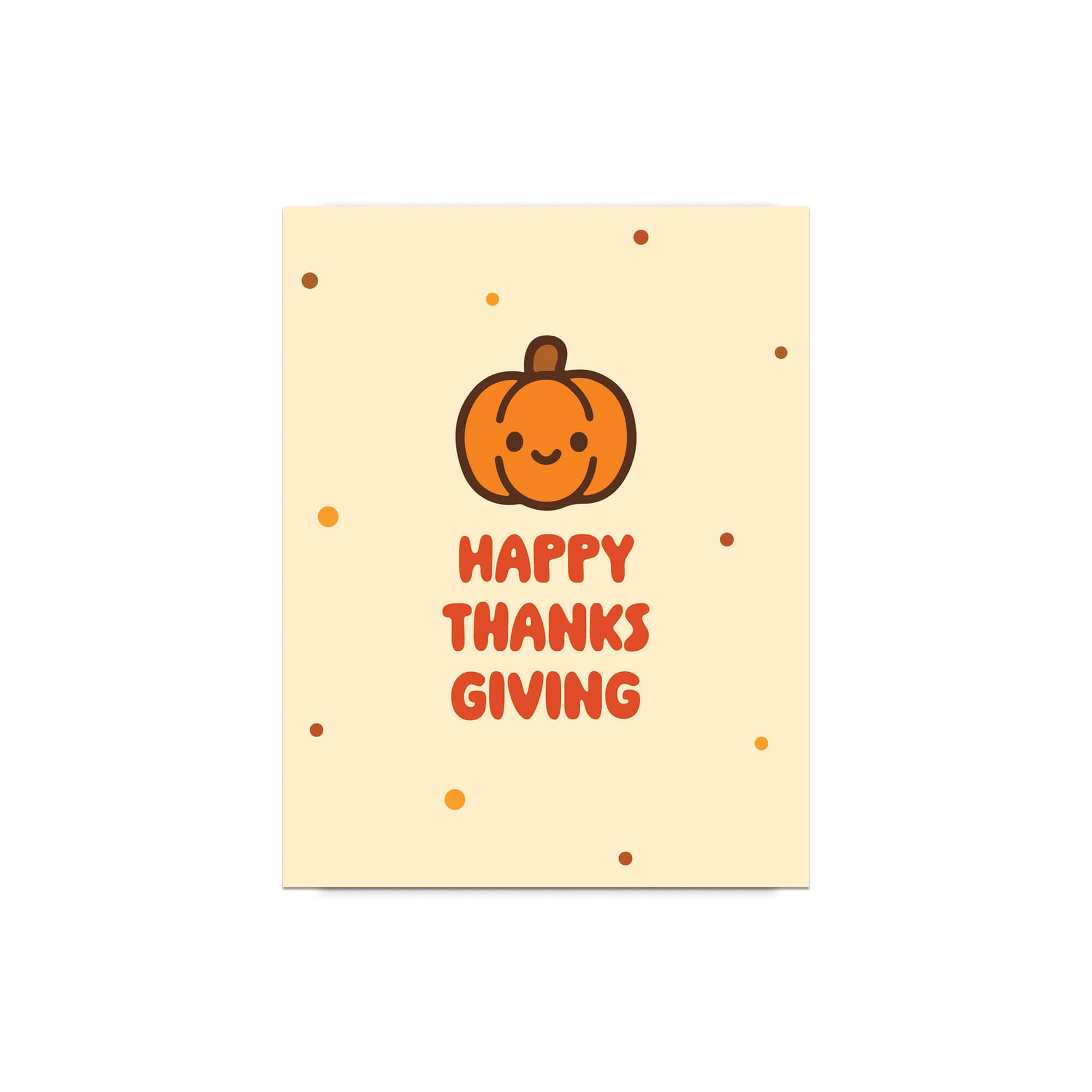 autumn Card with a cartoon pumpkin and 'Happy Thanksgiving' text on a beige background