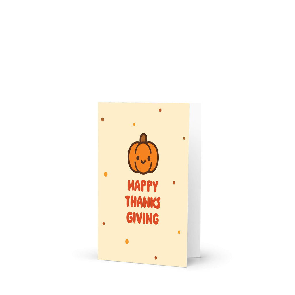 fall Greeting card with a pumpkin illustration and 'Happy Thanksgiving' text on a beige background.