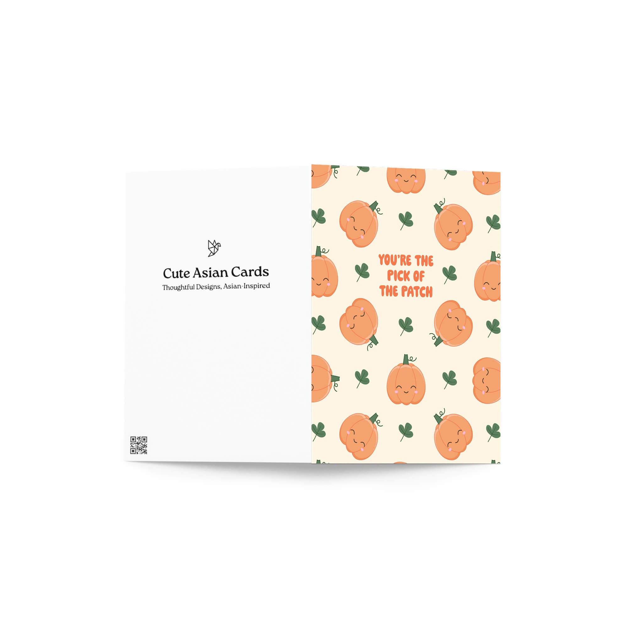 autumn greeting Card with pumpkin design and text "youre the pick of the patch" on a white background