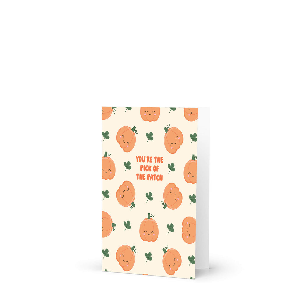 autumn Greeting card with pumpkin pattern and text on a white background