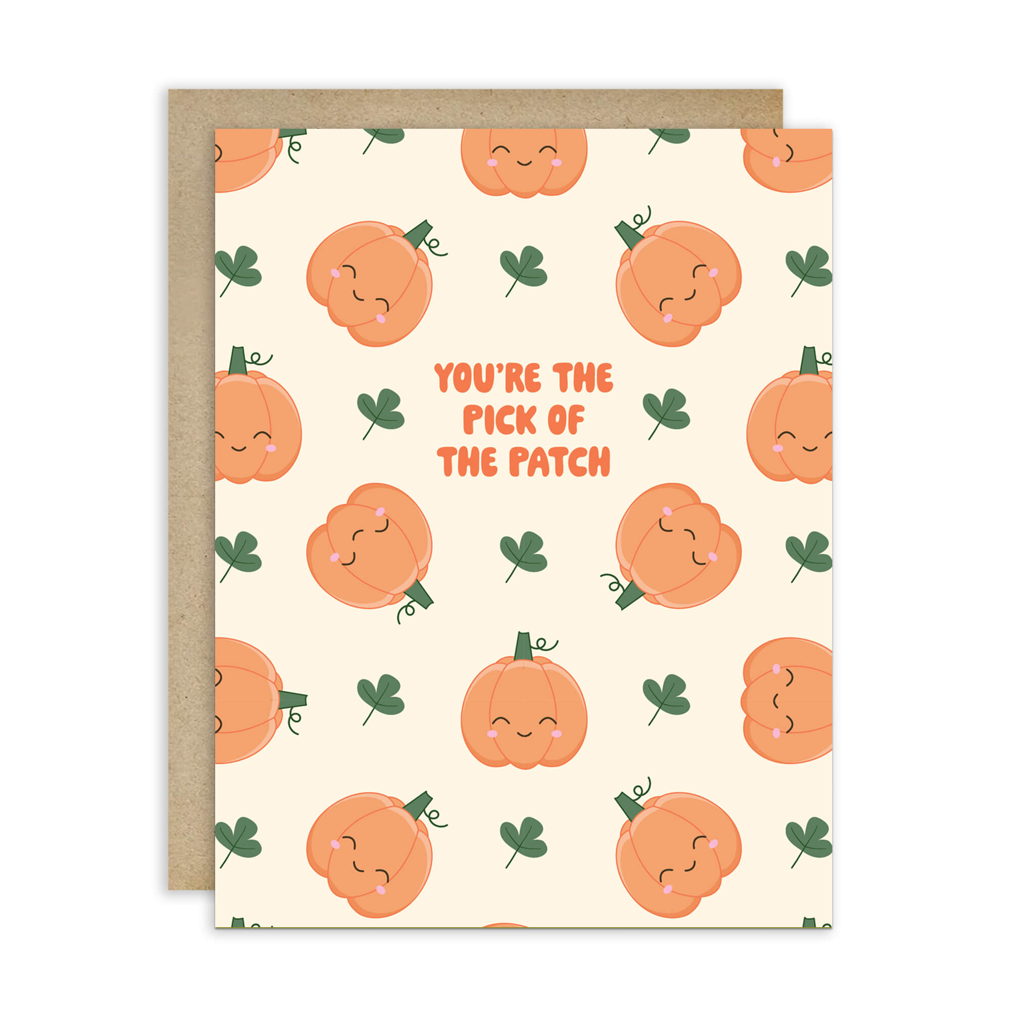 fall Greeting card with pumpkins and shamrocks on a beige background