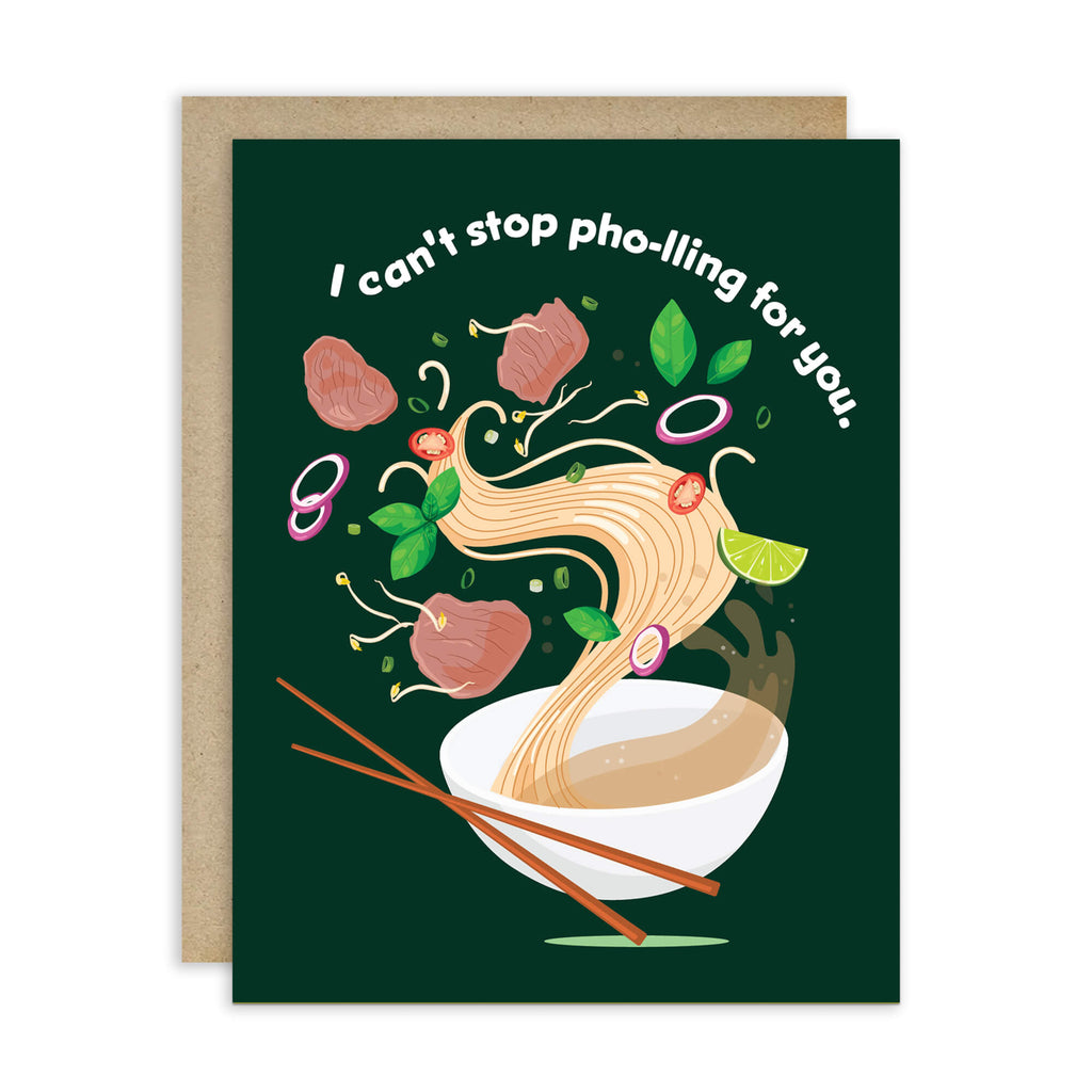 Greeting card with a bowl of pho and chopsticks on a green background