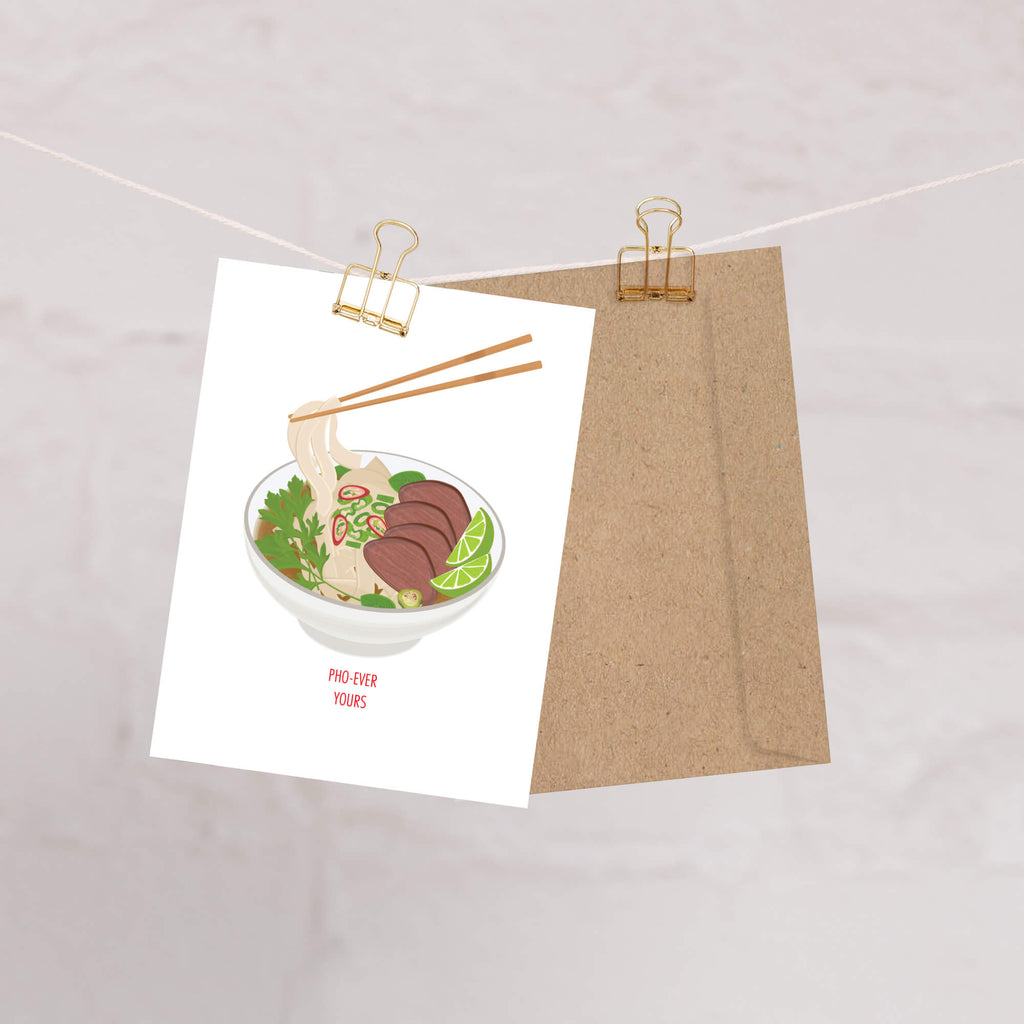 greeting Card with a bowl of pho illustration and chopsticks on a white background