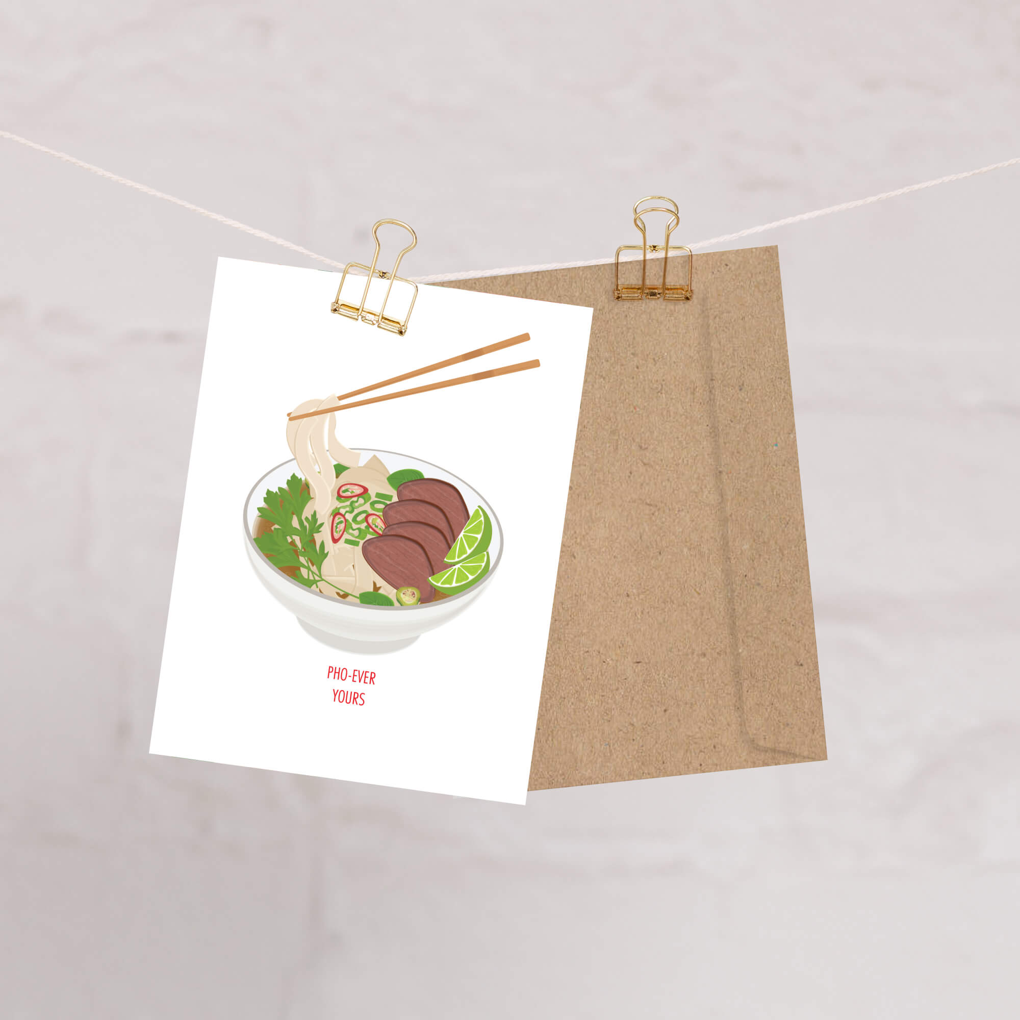 greeting Card with a bowl of pho illustration and chopsticks on a white background