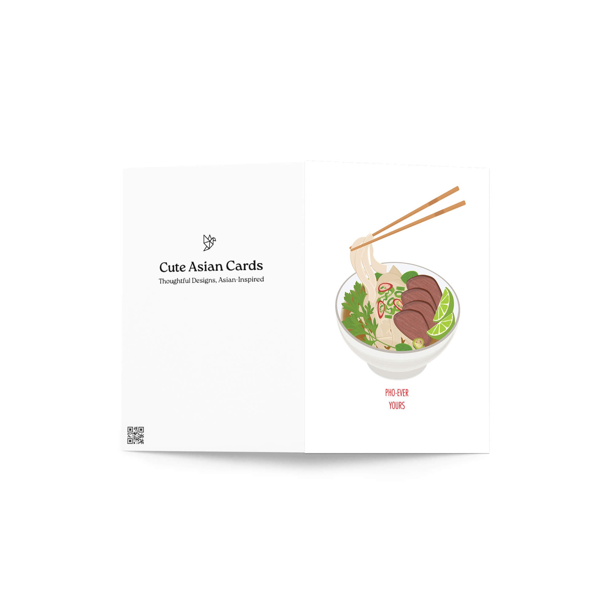 Card with a design of a bowl of ramen with chopsticks on a white background, featuring the brand 'Cute Asian Cards'.