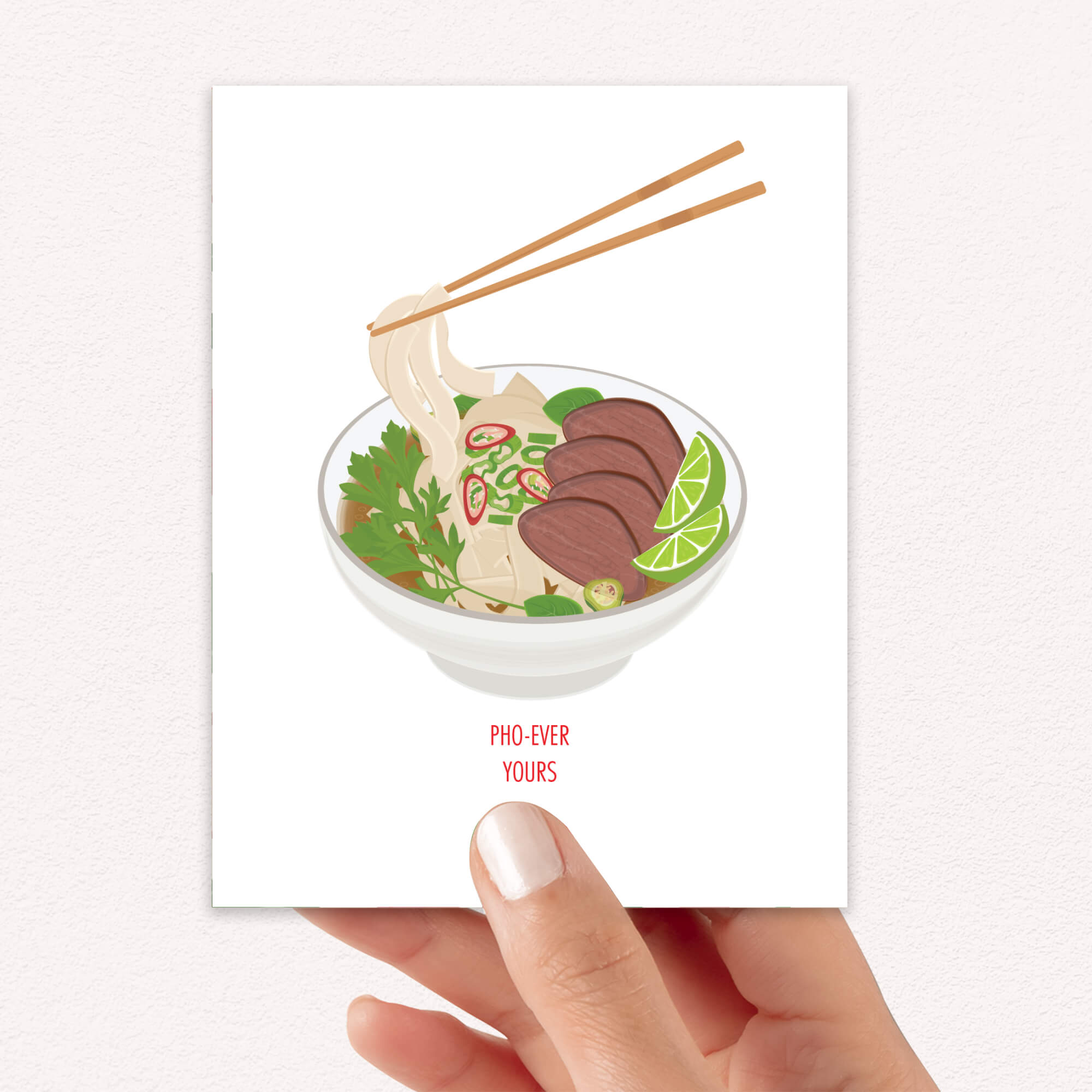 Illustration of a bowl of pho with chopsticks on a white background, held by a hand.