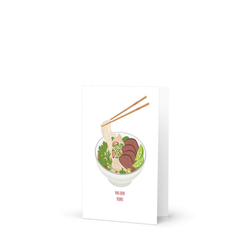 Card with a bowl of ramen illustration and chopsticks on a white background