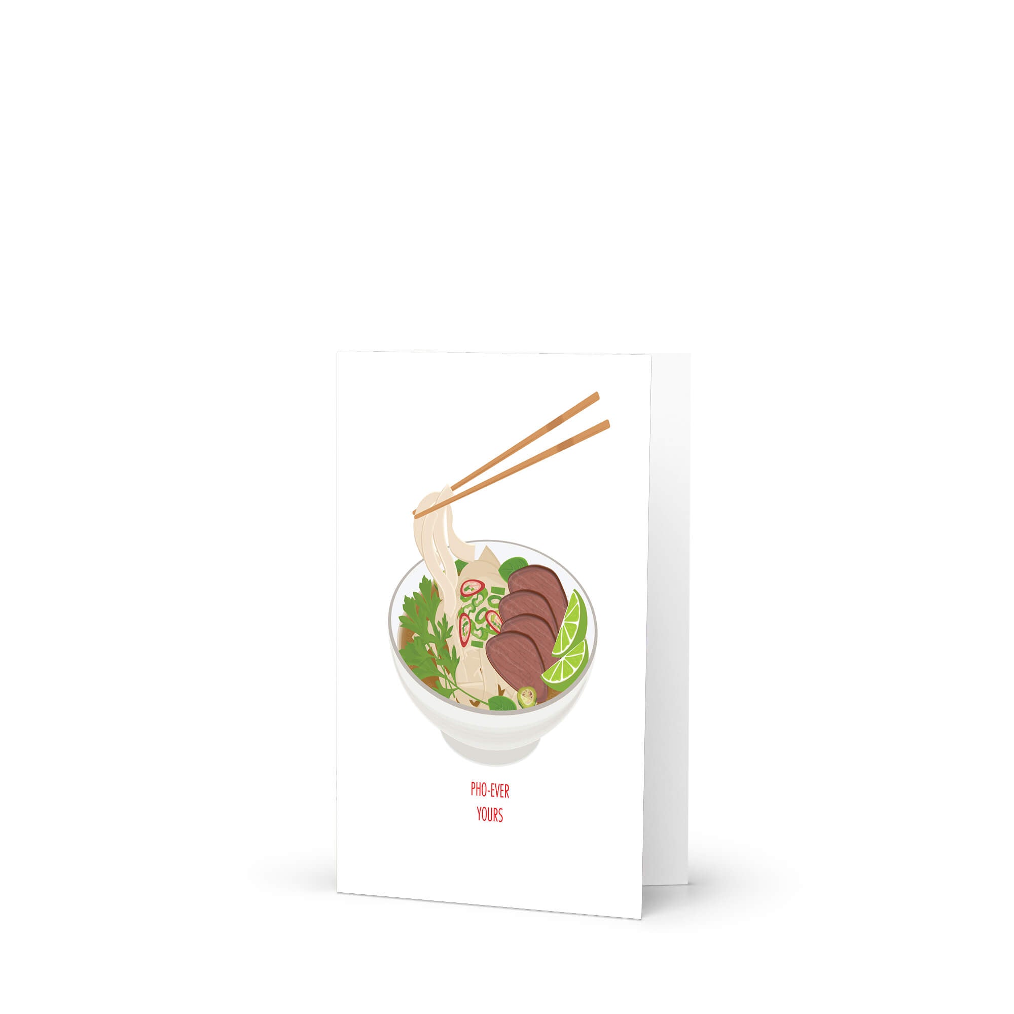 Card with a bowl of ramen illustration and chopsticks on a white background