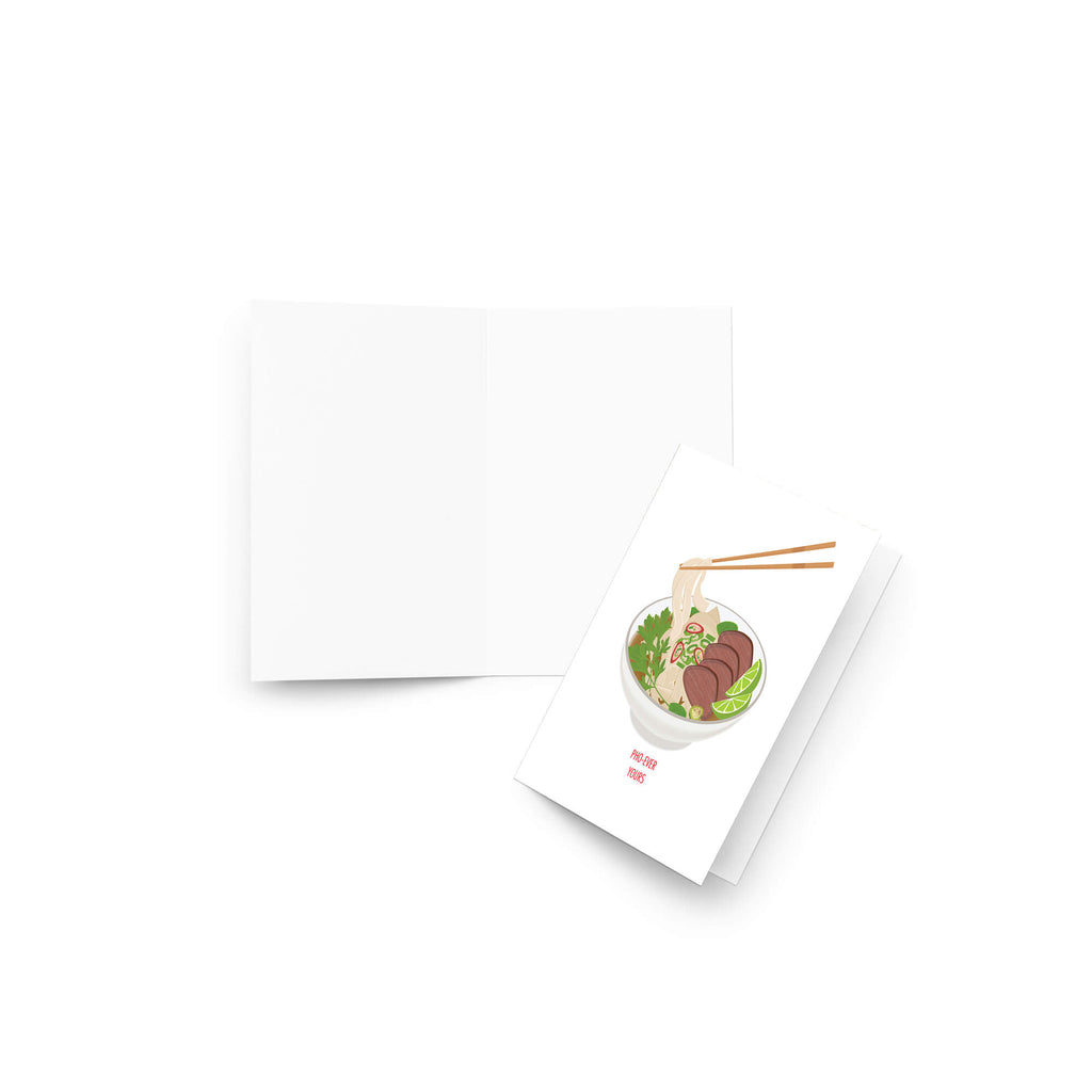 Card with a design of a bowl of vietnamese noodle soup, chopsticks on a white background