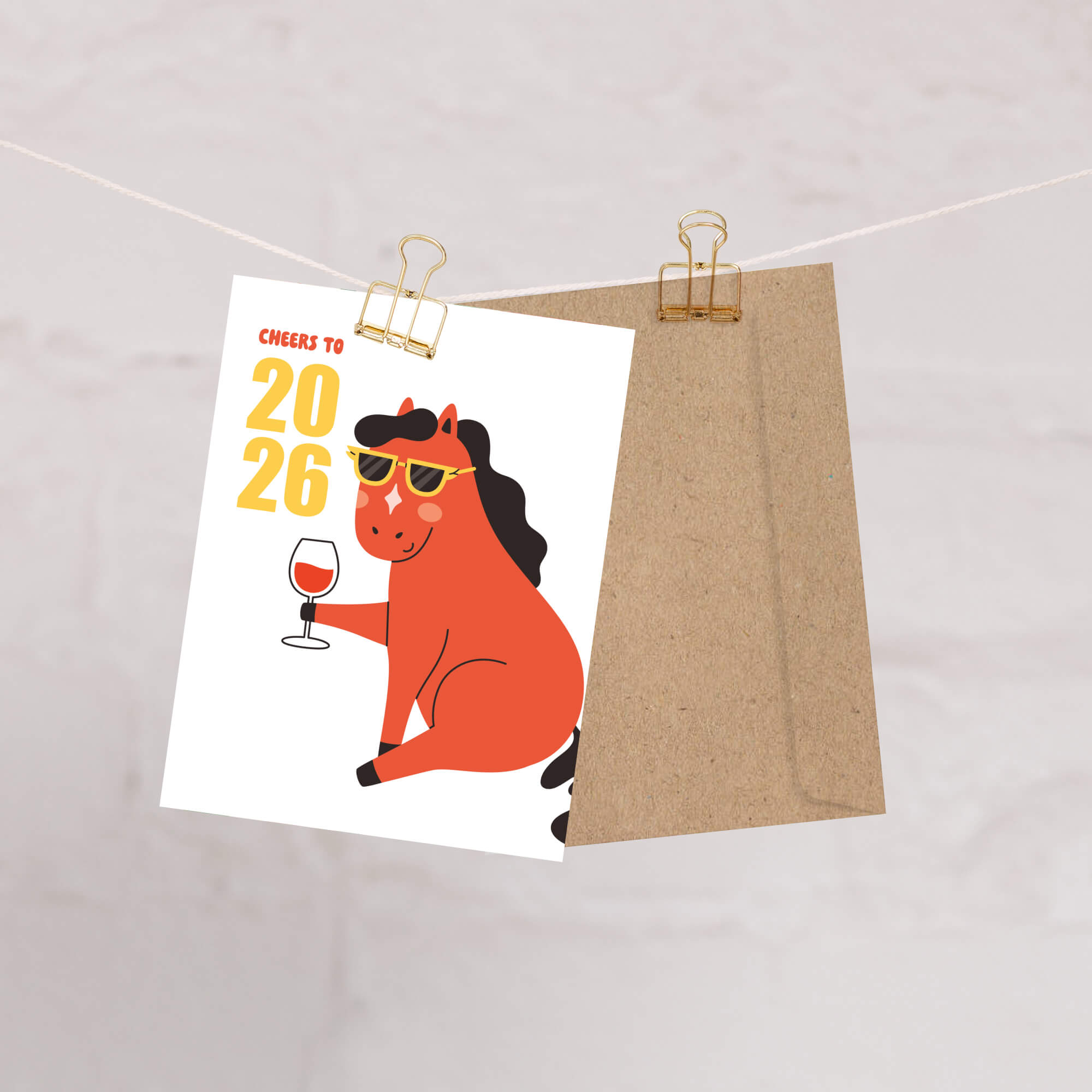 Card with a horse holding a glass of wine and 'Cheers to 2026' text, attached to a string with a paper clip.