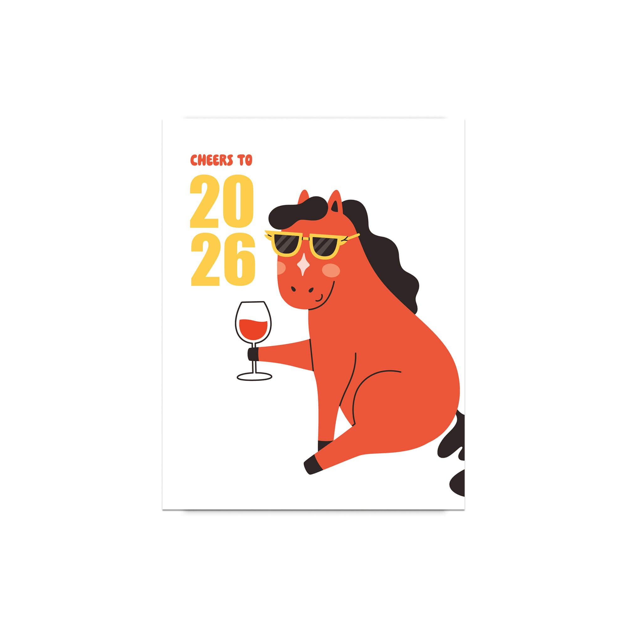 new year Card with a horse holding a glass of wine and text 'Cheers to 2026' on a white background.