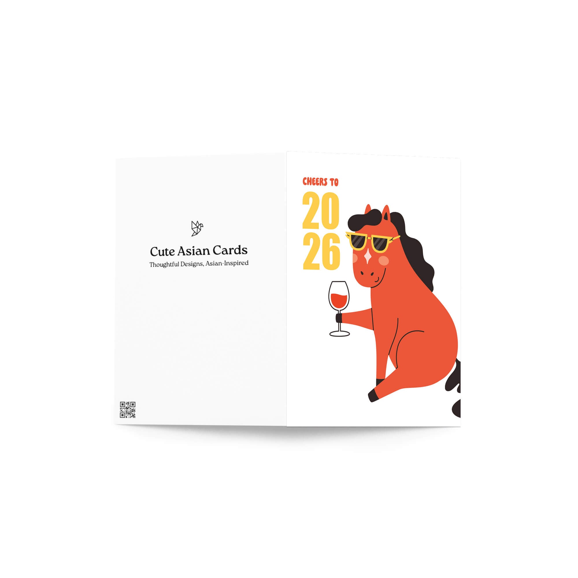 new year Card with a red horse holding a glass of wine and text 'Cheers to 2026' on a white background.
