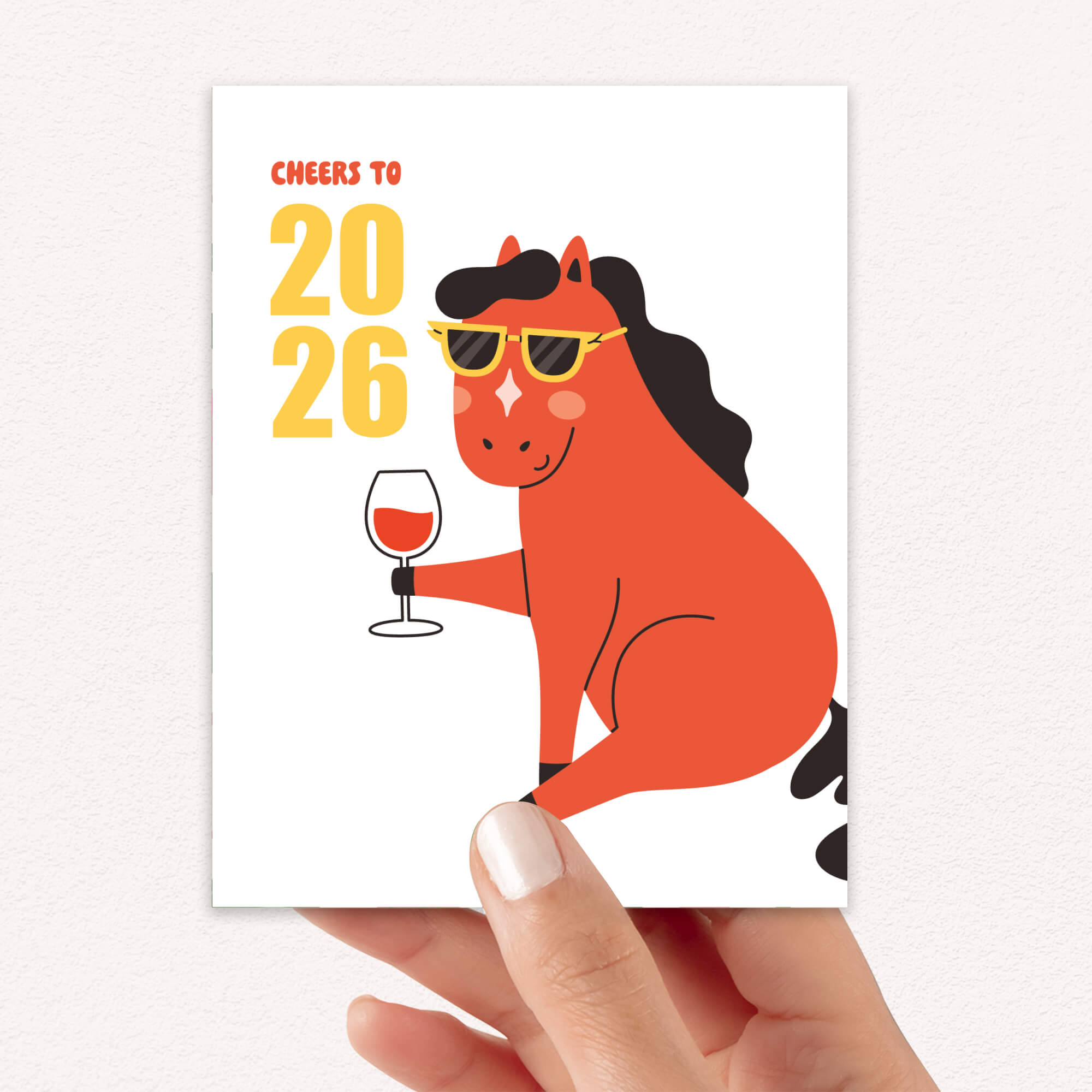 new year Card with a horse holding a glass of wine and text 'Cheers to 2026' on a white background.