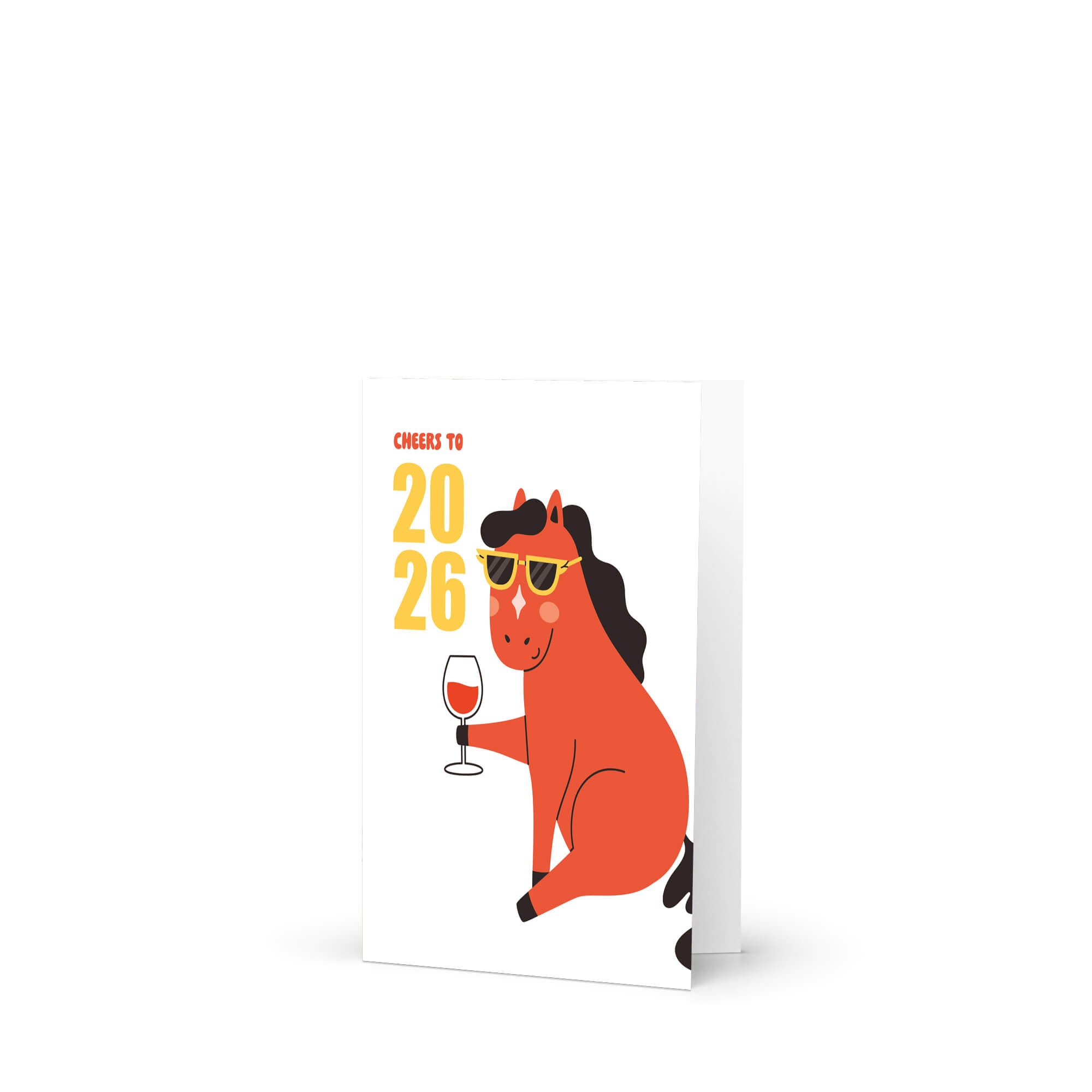 new year Card with a horse holding a glass of wine and text 'Cheers to 2026' on a white background.