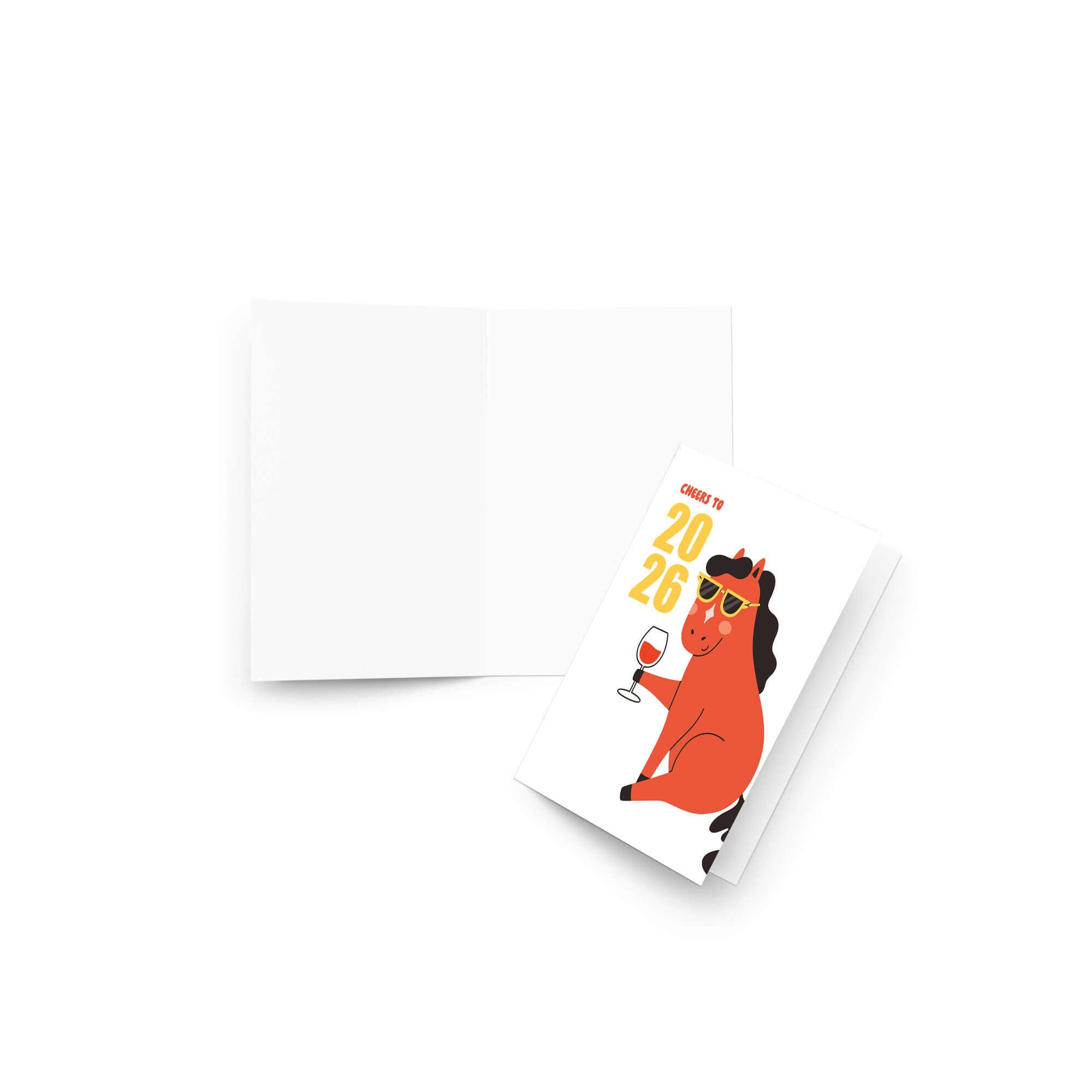 new year Card with a horse holding a glass of wine and text 'Cheers to 2026' on a white background.