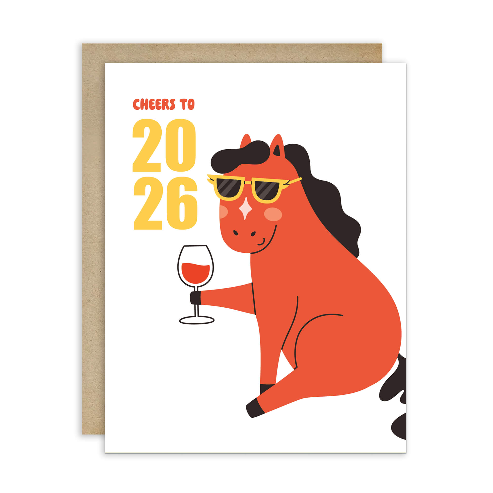 new year Card with a horse holding a glass of wine and text 'Cheers to 2026' on a white background.