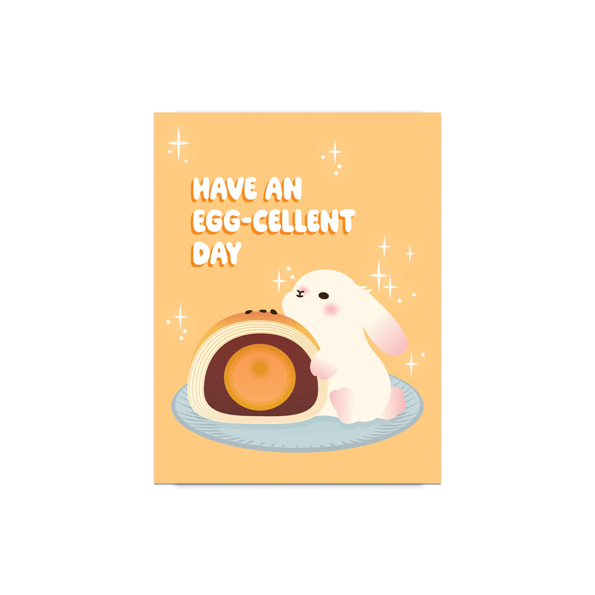 mid autumn festival Greeting card with a cute white bunny and egg yolk pastry, and text 'Have an EGG-cellent day' on a yellow background.