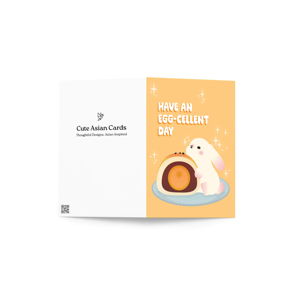 mid autumn festival Greeting card with a cute white bunny and egg yolk pastry, and text 'Have an EGG-cellent day' on a yellow background.
