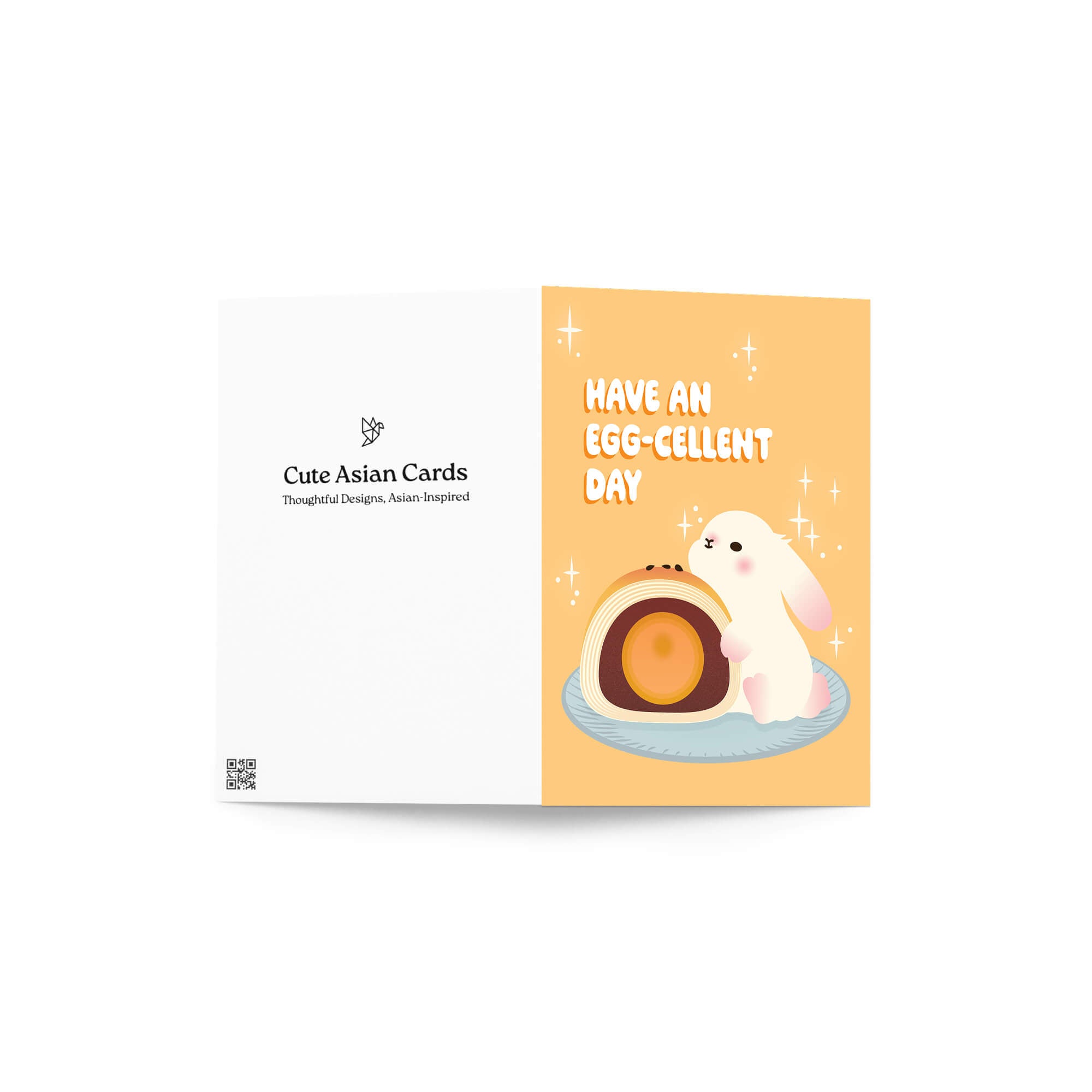 mid autumn festival Greeting card with a cute white bunny and egg yolk pastry, and text 'Have an EGG-cellent day' on a yellow background.