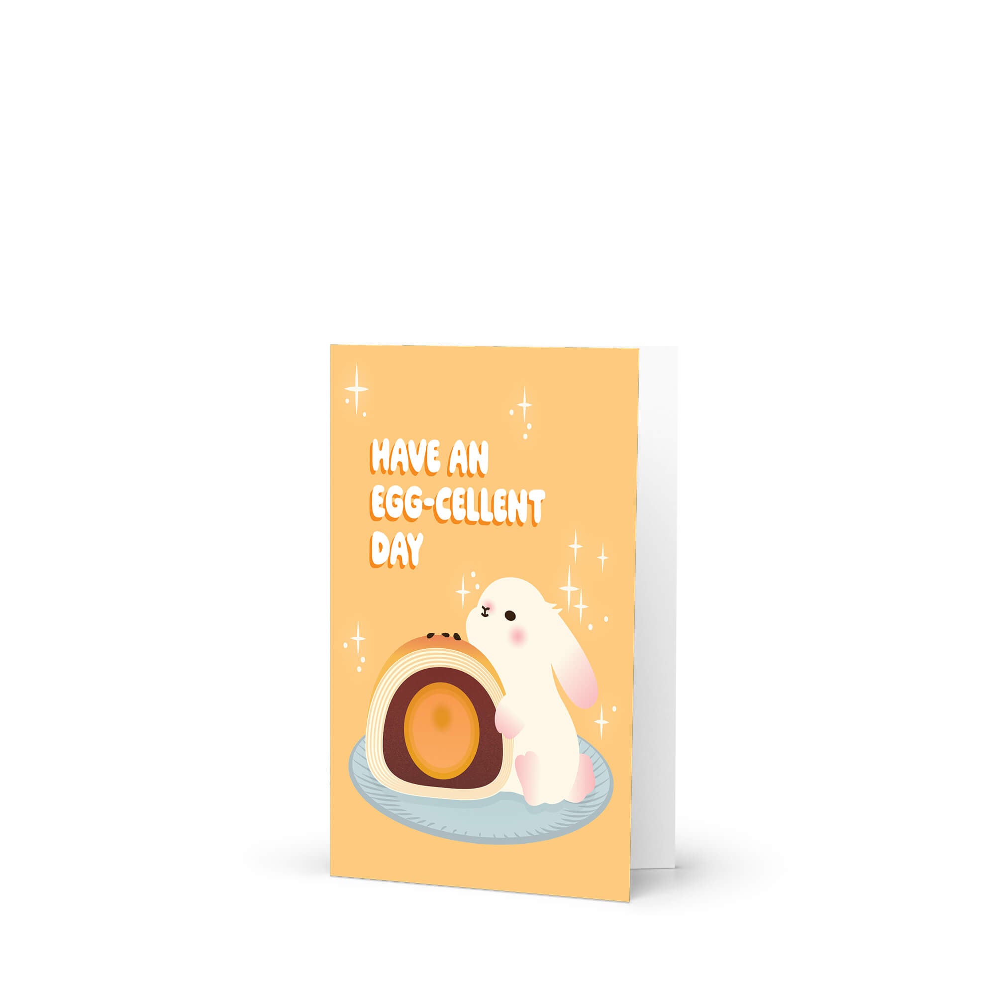 mid autumn festival Greeting card with a cute white bunny and egg yolk pastry, and text 'Have an EGG-cellent day' on a yellow background.