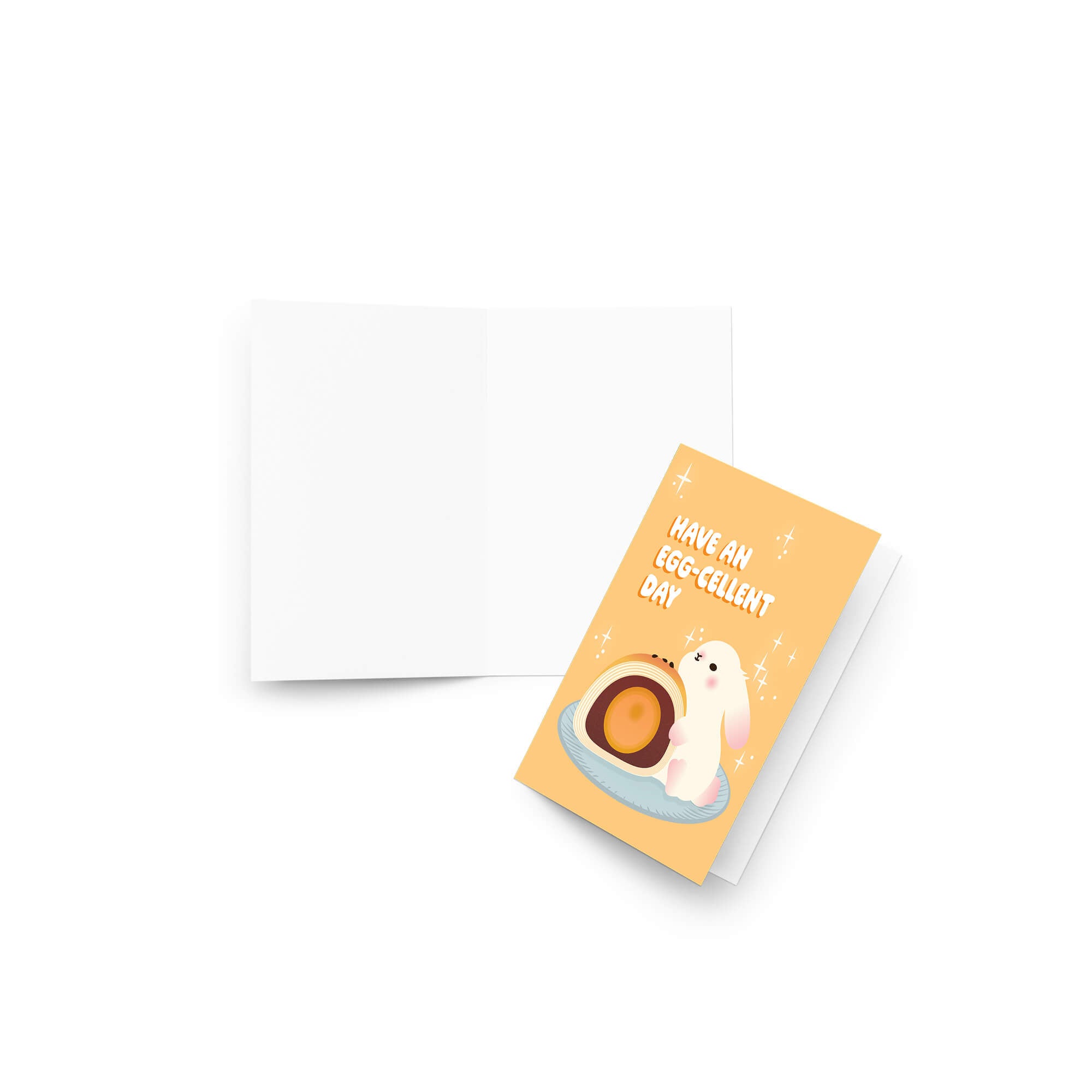 mid autumn festival Greeting card with a cute white bunny and egg yolk pastry, and text 'Have an EGG-cellent day' on a yellow background.