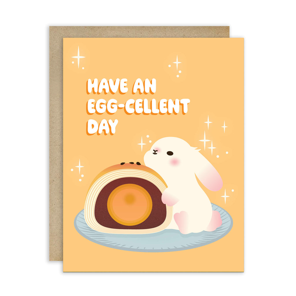 mid autumn festival Greeting card with a cute white bunny and egg yolk pastry, and text 'Have an EGG-cellent day' on a yellow background.