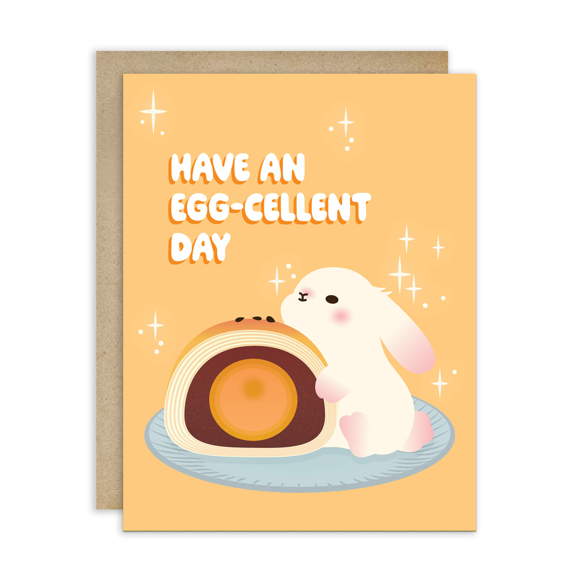 mid autumn festival Greeting card with a cute white bunny and egg yolk pastry, and text 'Have an EGG-cellent day' on a yellow background.