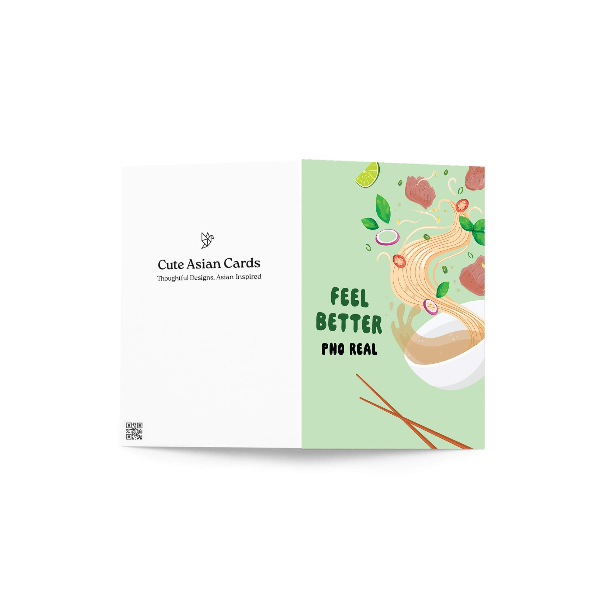 Card with 'Feel Better Pho Real' text and noodle design on a green background