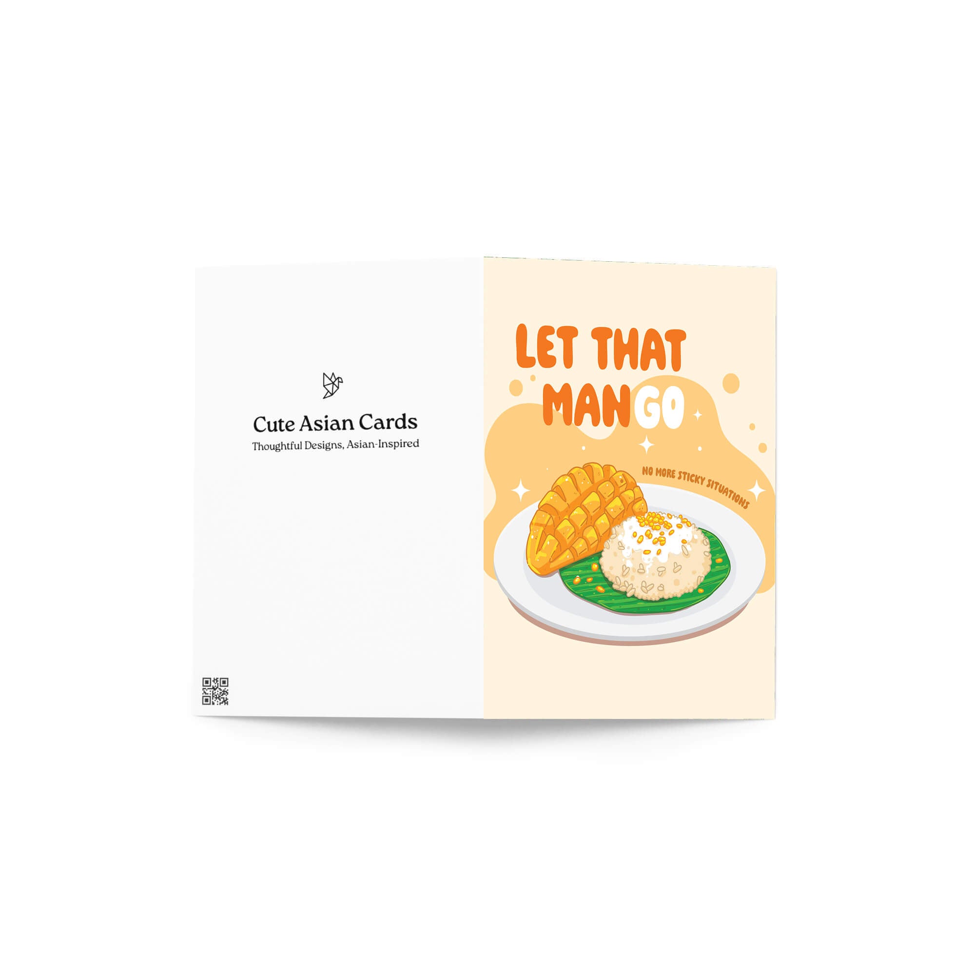 Card with illustration of mango and rice on a white background, featuring the text 'Let That Mango' and 'Cute Asian Cards'.