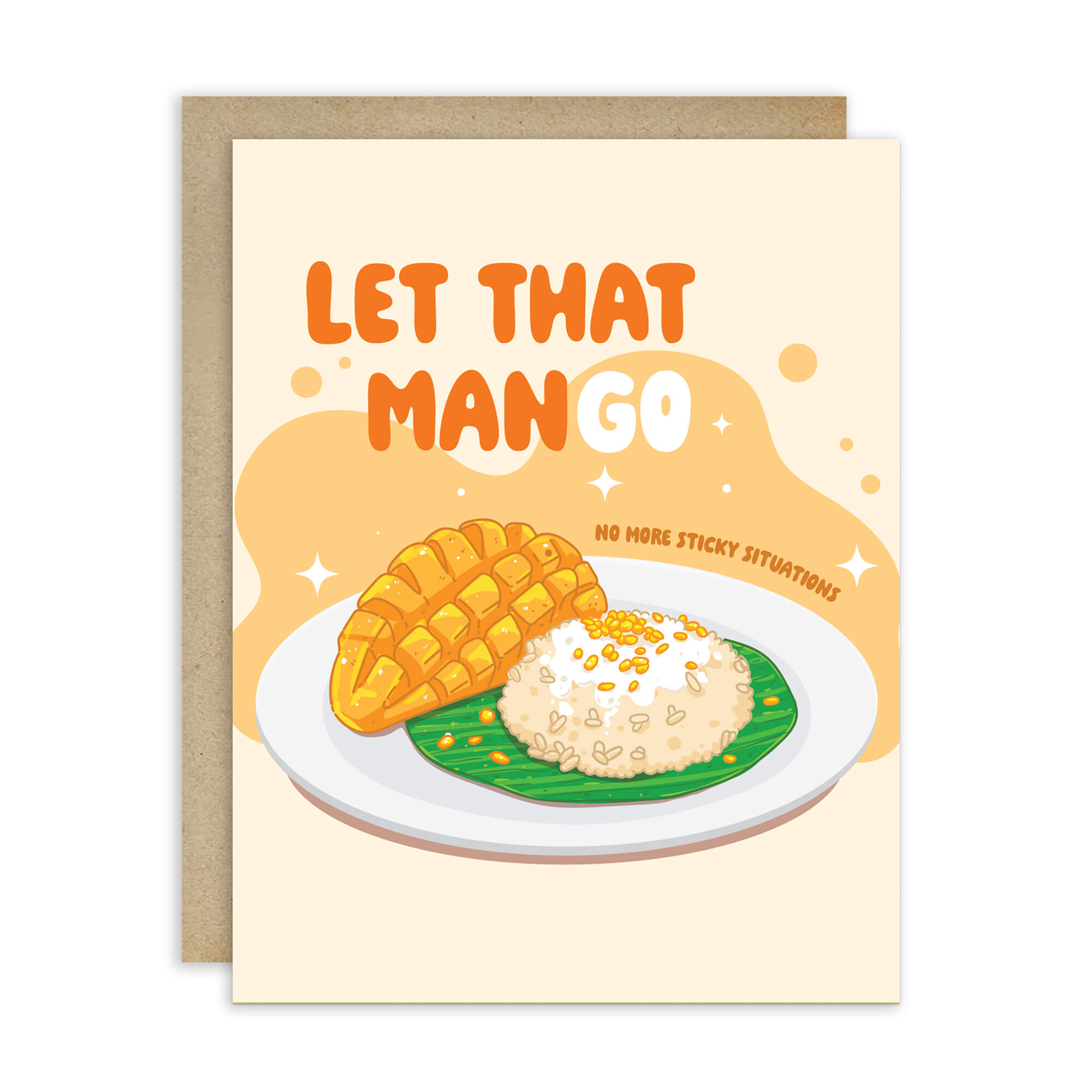 Greeting card with illustration of mango and rice on a plate, text 'Let That Mango Go', and a yellow background.