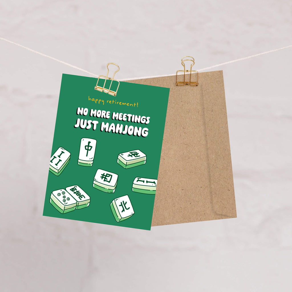 Greeting card with mahjong design and text on a beige background