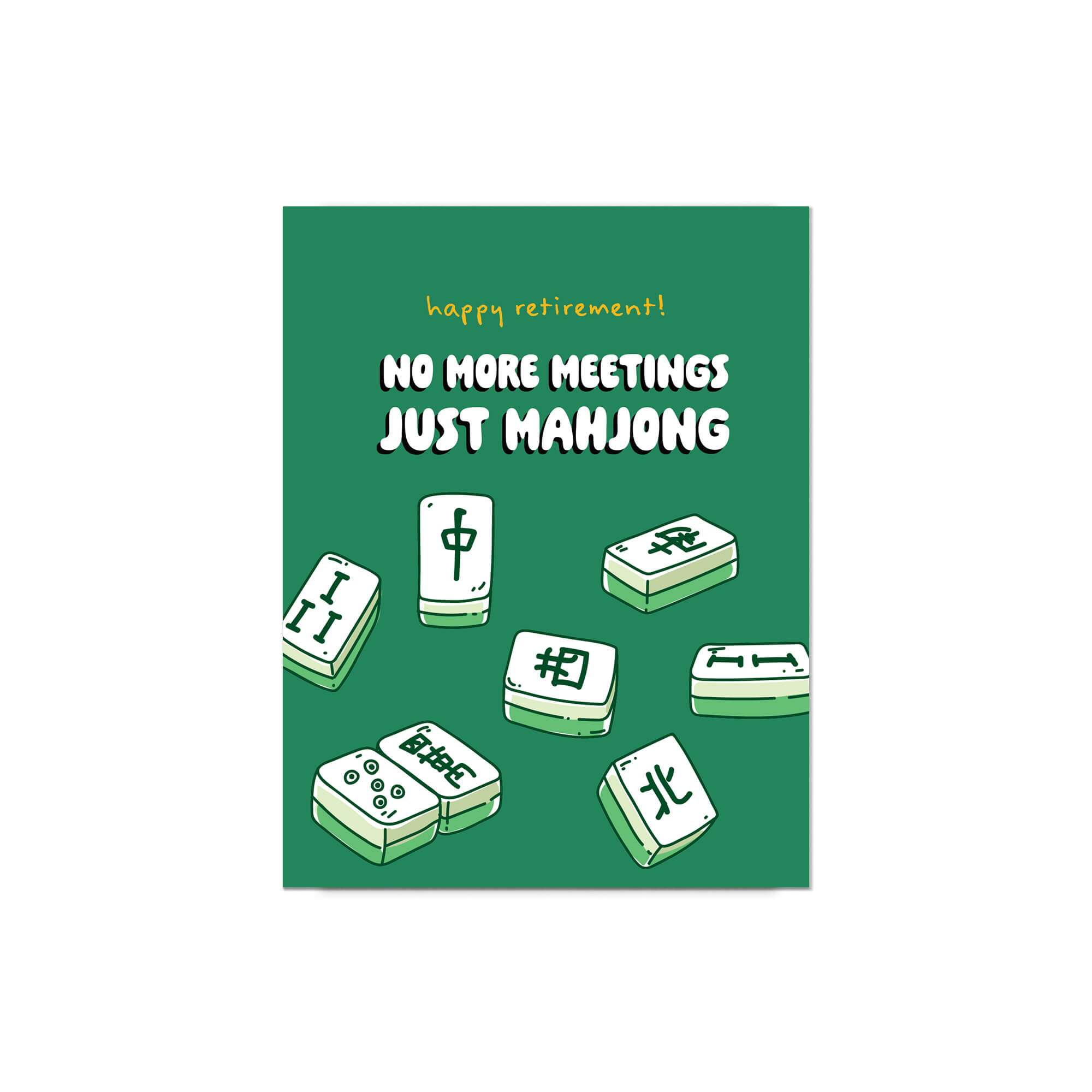 Greeting card with cartoon mahjong tiles and text on a green background