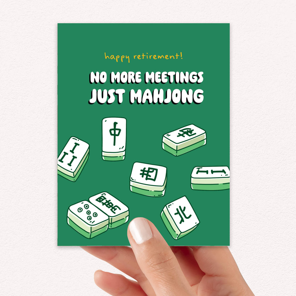 Card with cartoon mahjong tiles and humorous text on a green background