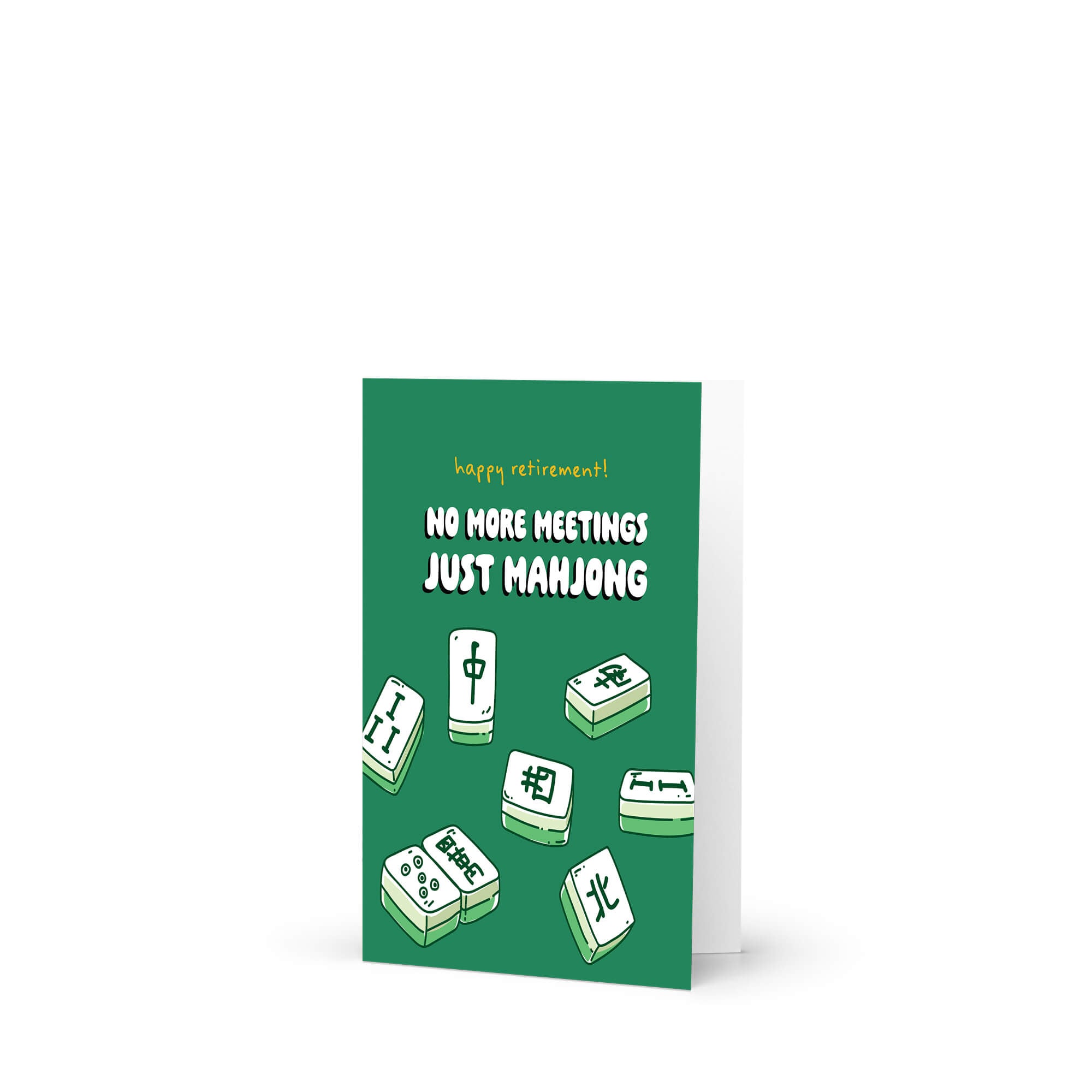 Greeting card with mahjong tiles and humorous text on a green background