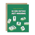Greeting card with mahjong-themed design and text on a green background