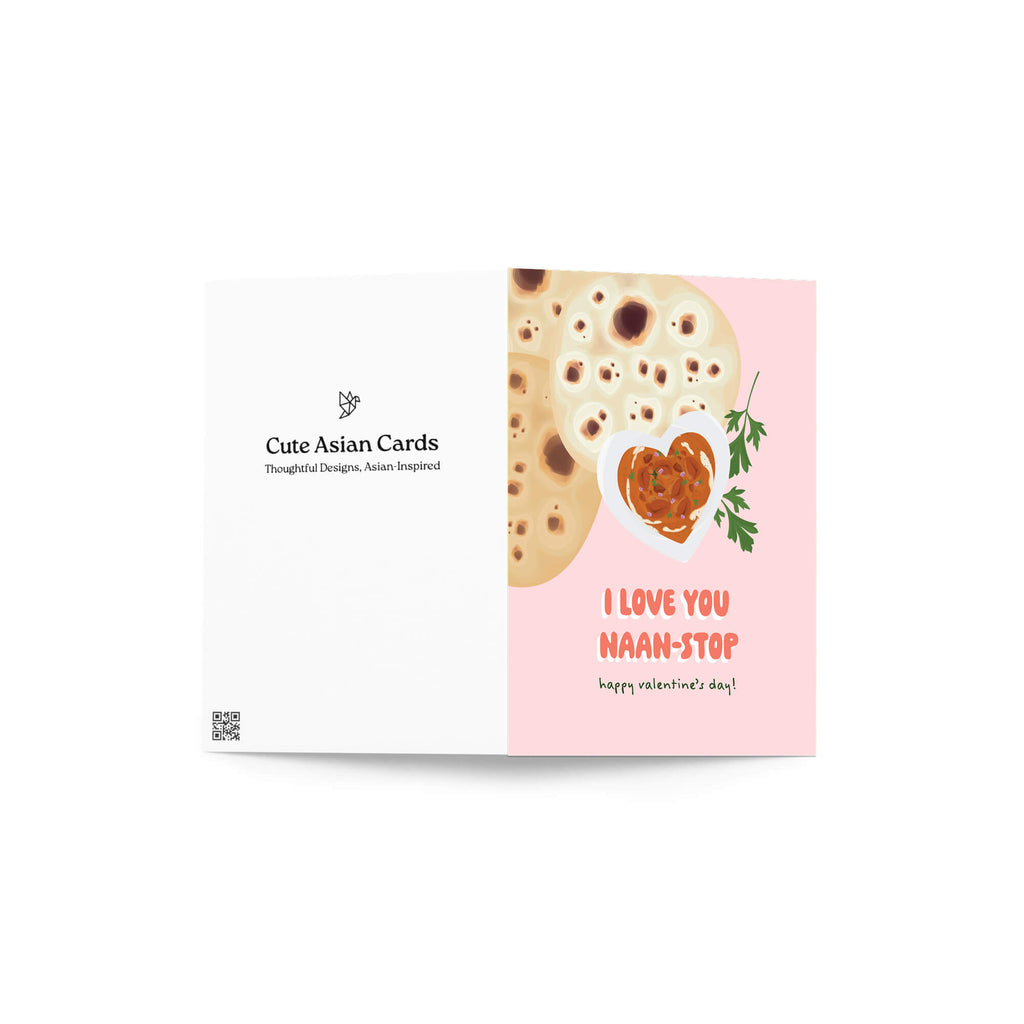 valentines day card with indian food and Naan bread with heart bowl of curry; text “I love you naan-stop — Happy Valentine’s Day.”
