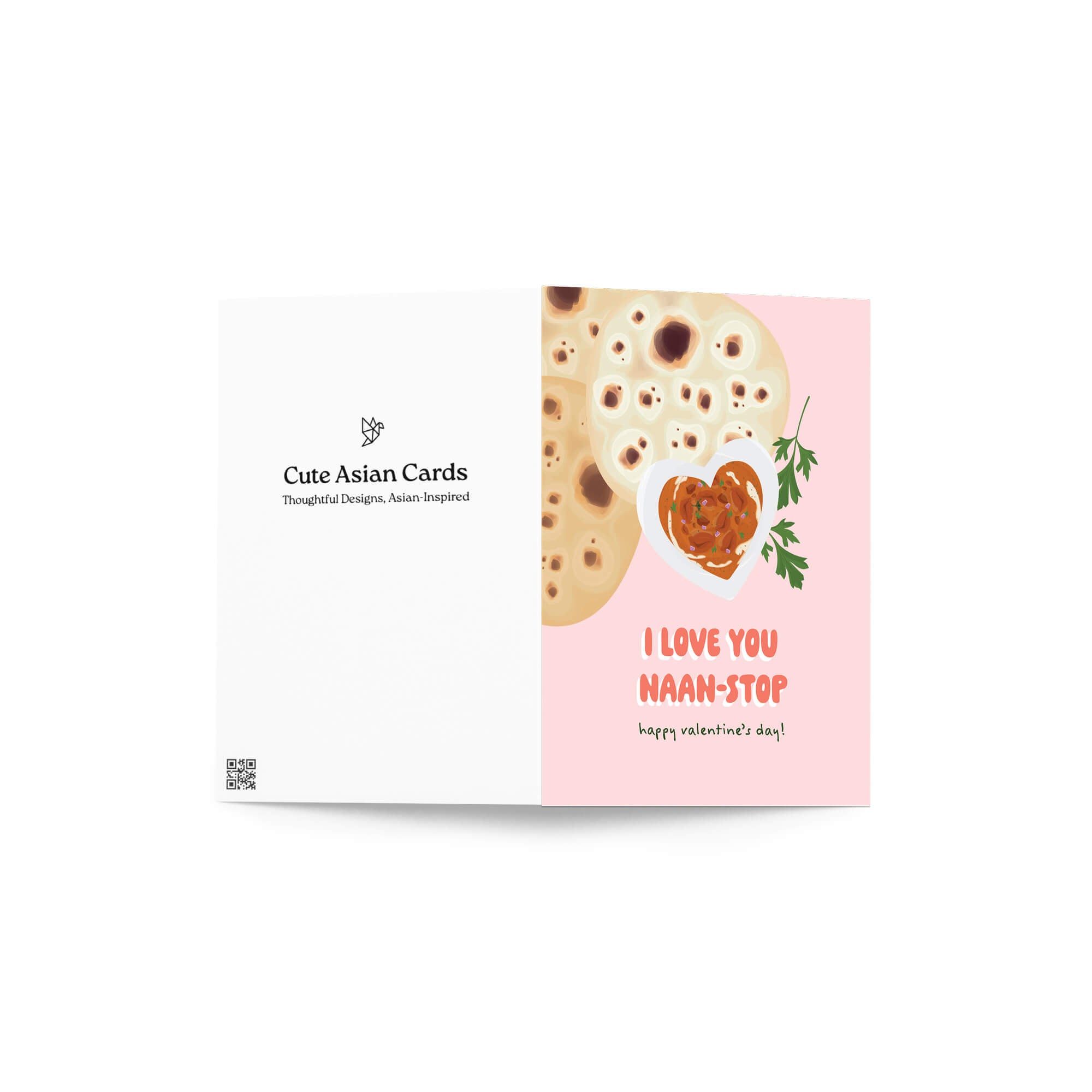 valentines day card with indian food and Naan bread with heart bowl of curry; text “I love you naan-stop — Happy Valentine’s Day.”