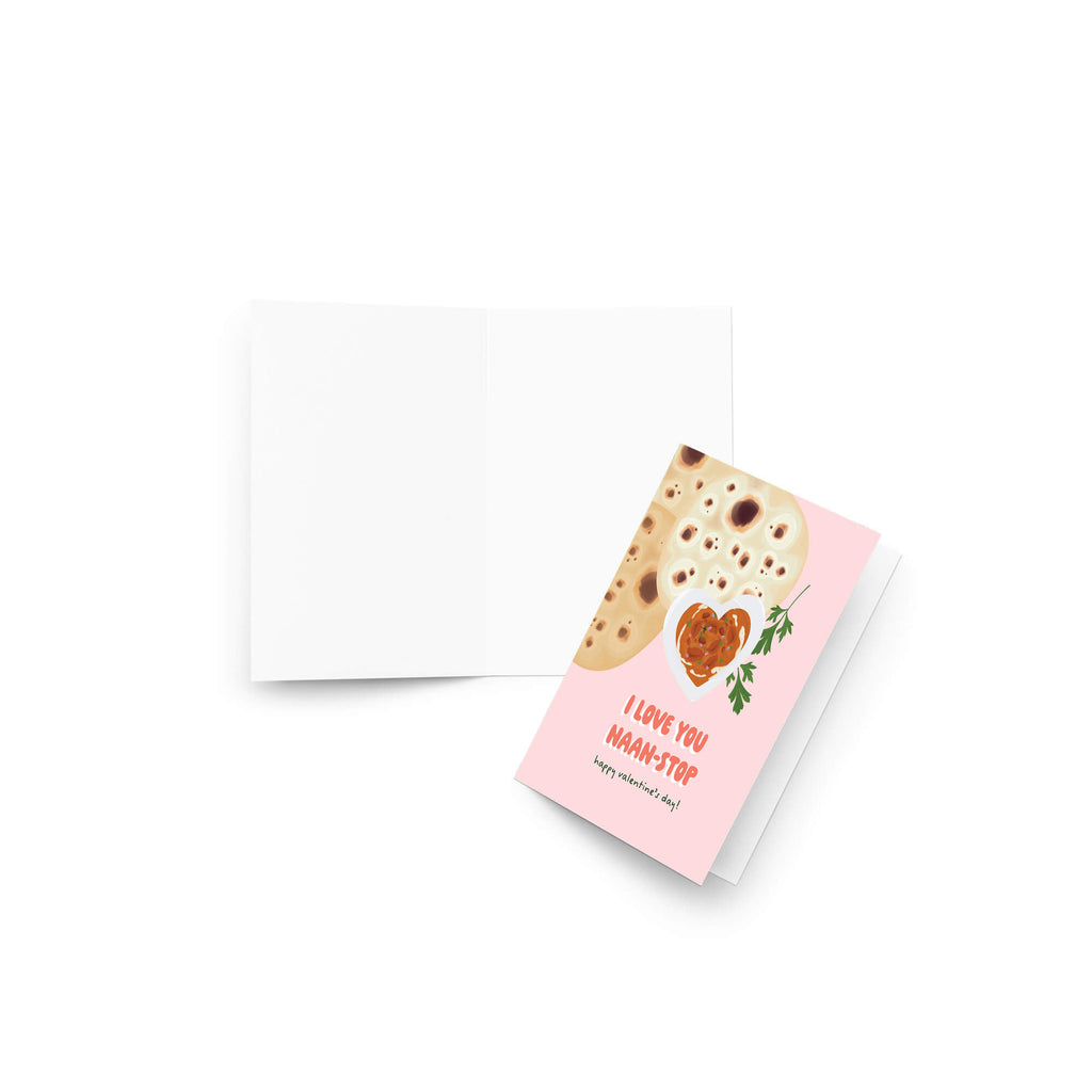 valentines day card with indian food and Naan bread with heart bowl of curry; text “I love you naan-stop — Happy Valentine’s Day.”