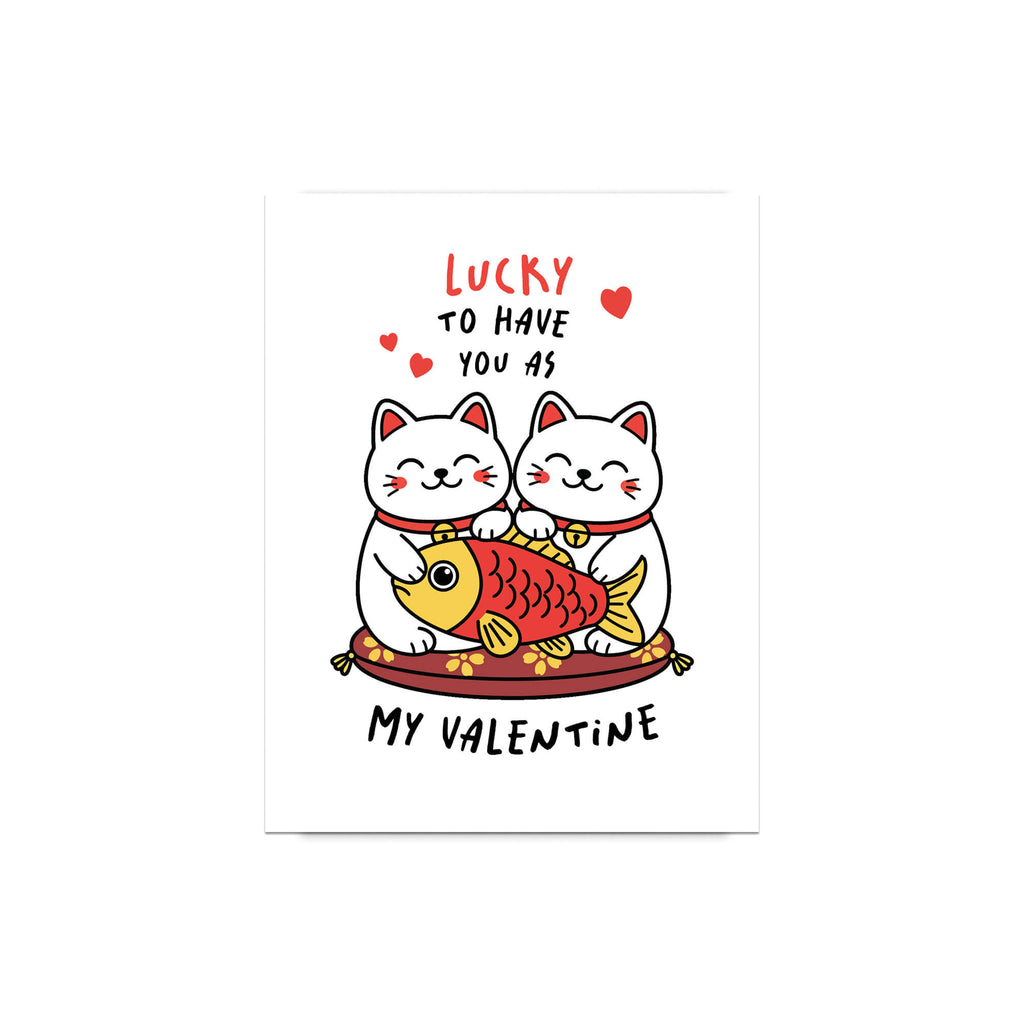 Valentine's Day card with two lucky maneki neko cats and a fish illustration, text 'Lucky to have you as my Valentine'.