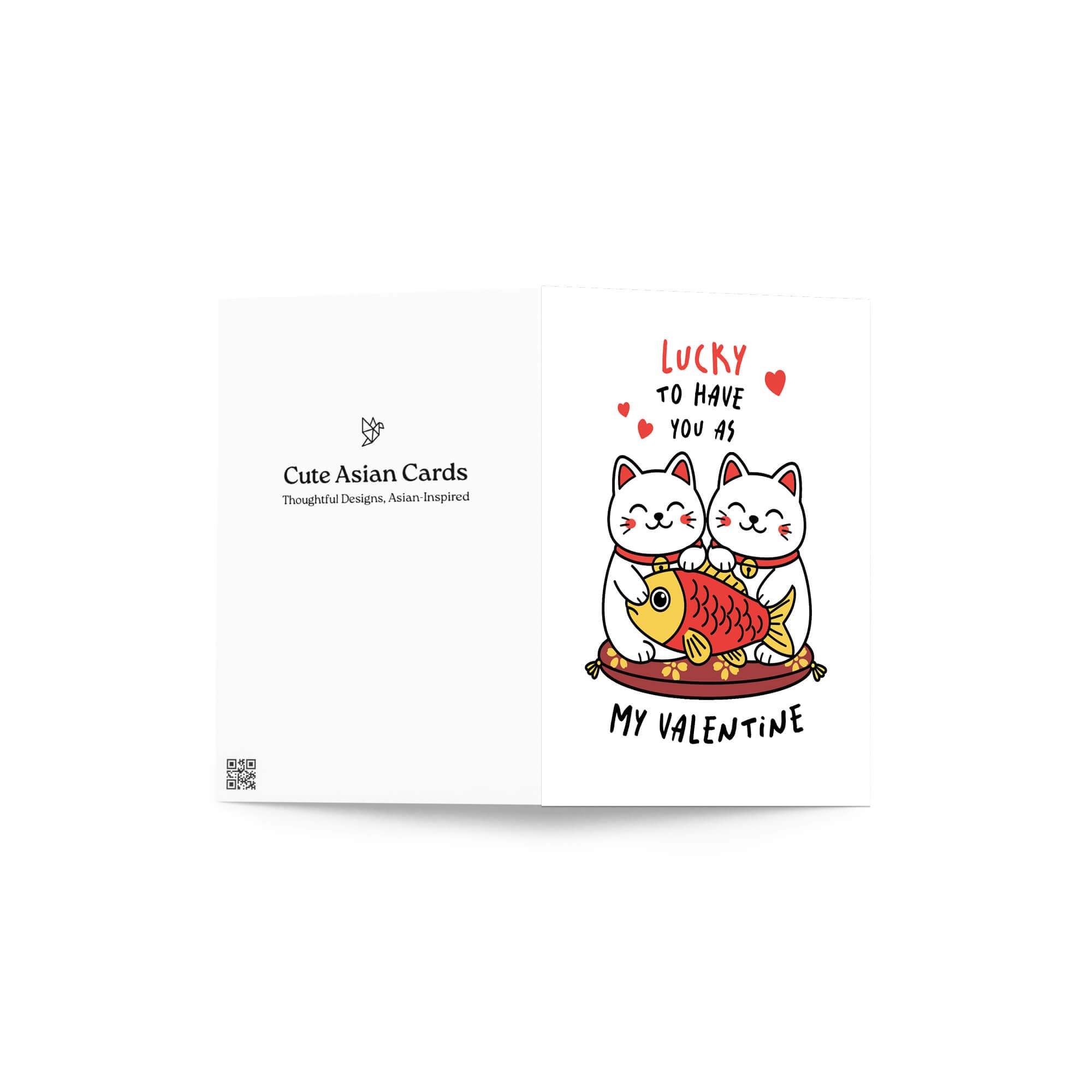 Valentine's Day card with two cats and a fish, featuring text 'Lucky to have you as my Valentine'.