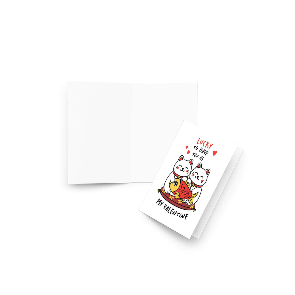 Valentine's Day card with two lucky maneki neko cats and a fish illustration, text 'Lucky to have you as my Valentine'.