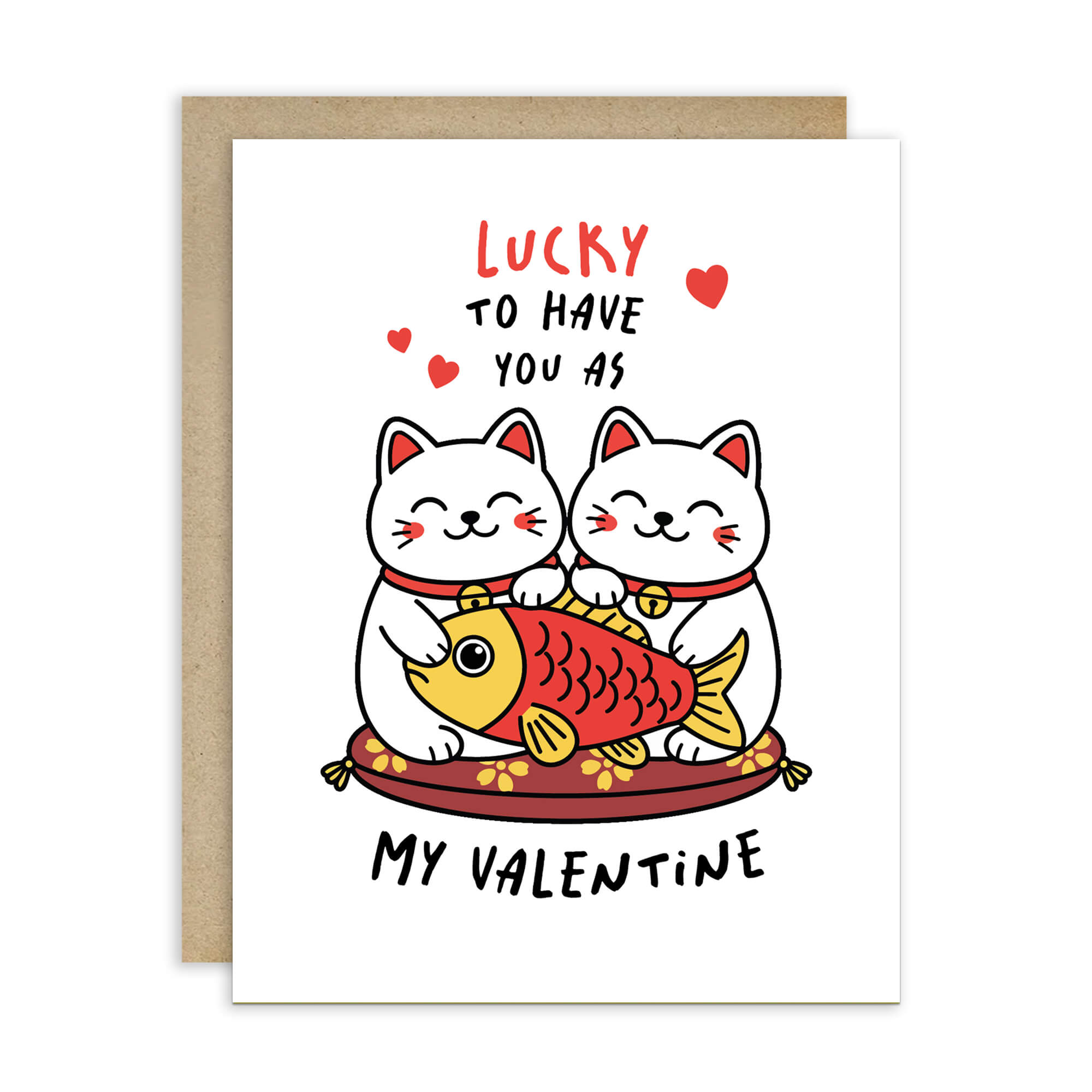 Valentine's Day card with two lucky maneki neko cats and a fish illustration, text 'Lucky to have you as my Valentine'.